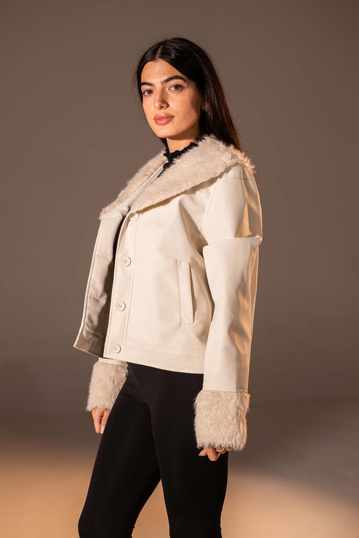 Beige  Faux Leather Jacket