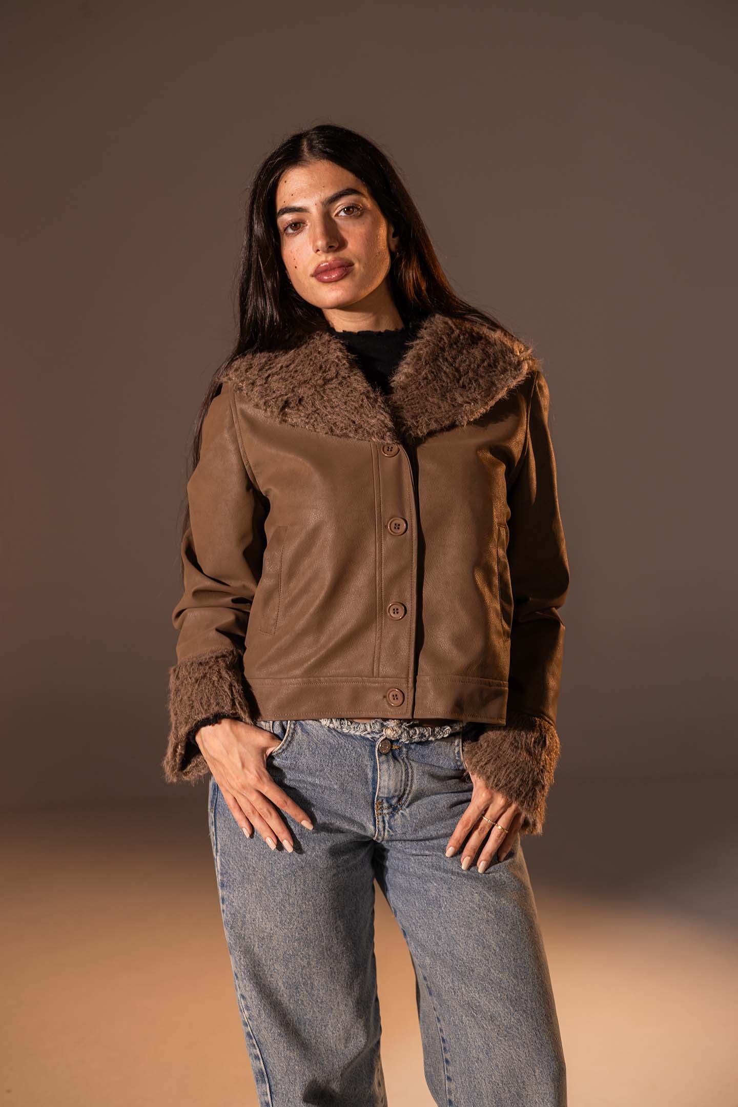 Brown  Faux Leather Jacket