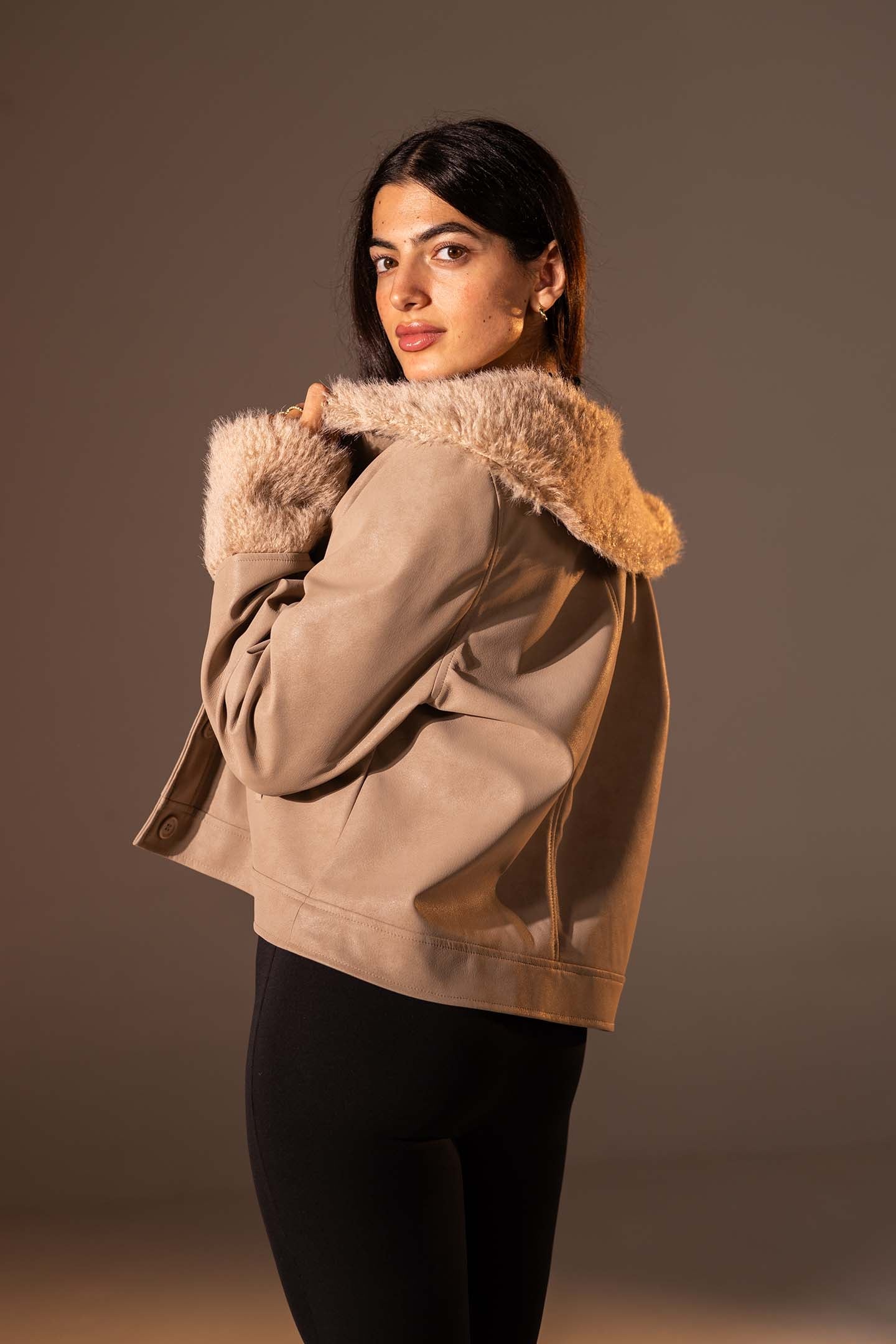 Coffe  Faux Leather Jacket