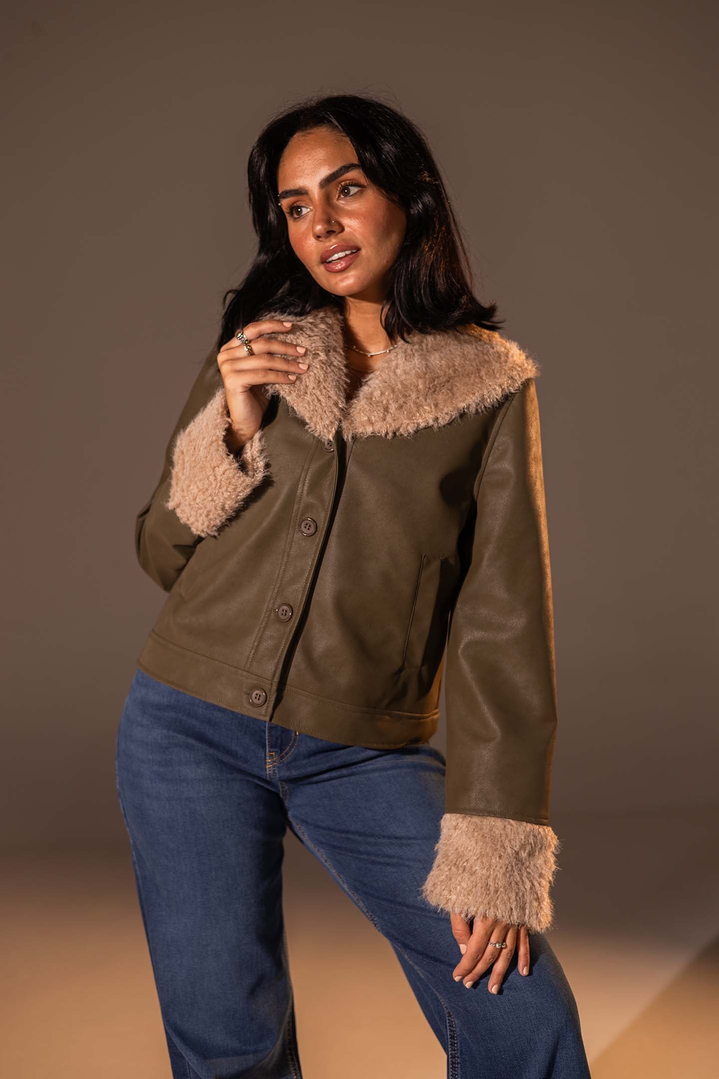 Olive  Faux Leather Jacket