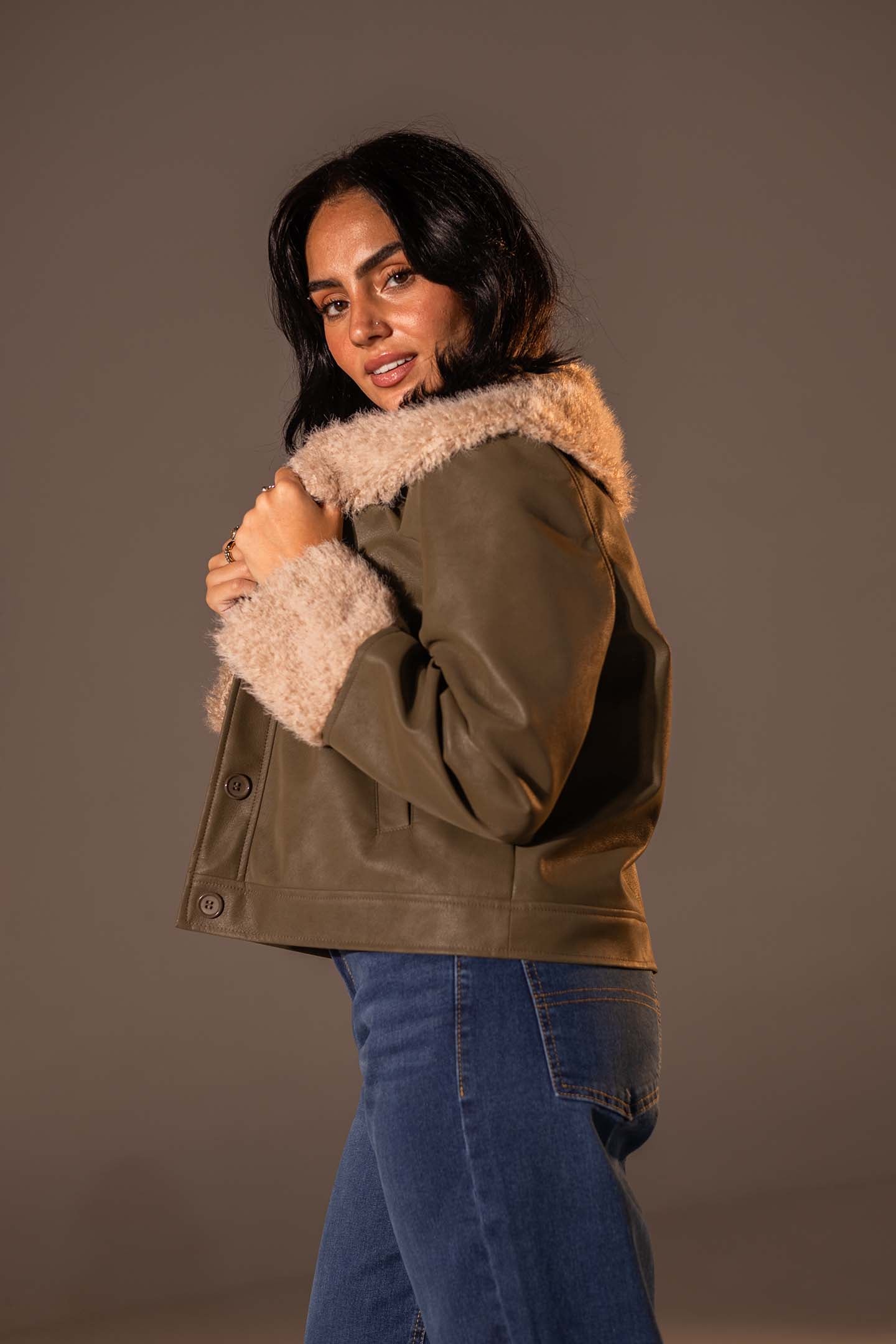 Olive  Faux Leather Jacket