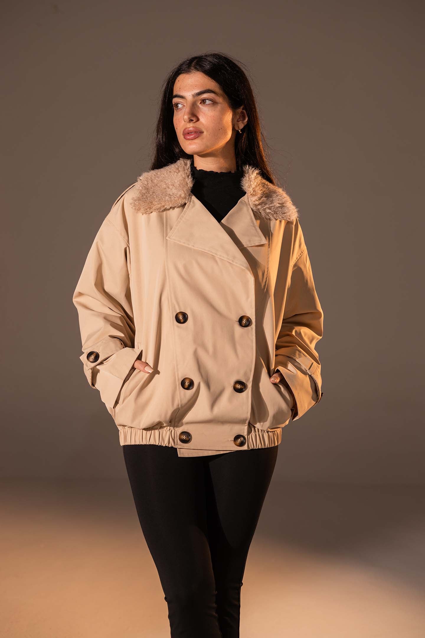 Beige  Double-Breasted Jacket with Faux Fur Collar