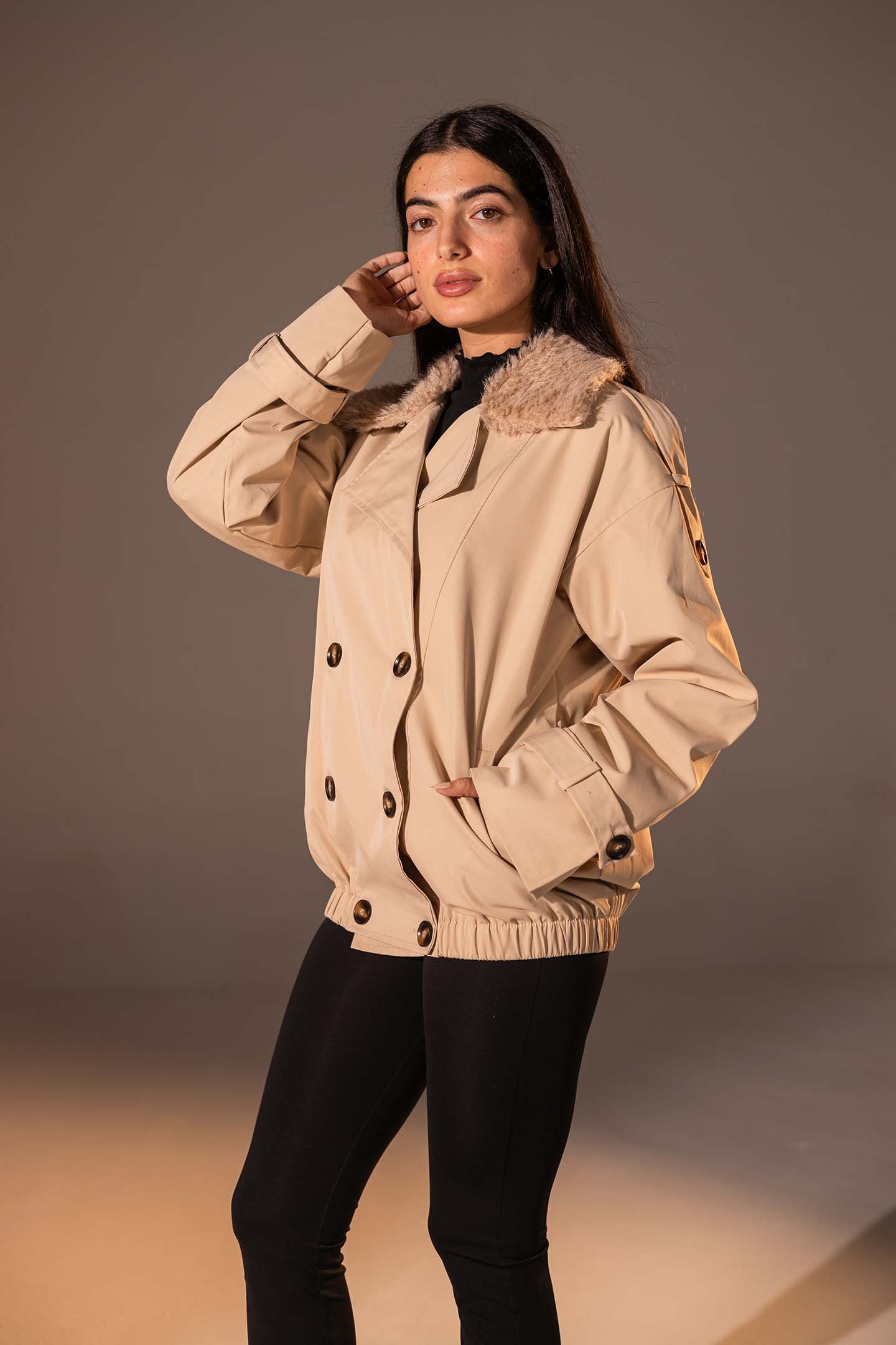 Beige  Double-Breasted Jacket with Faux Fur Collar