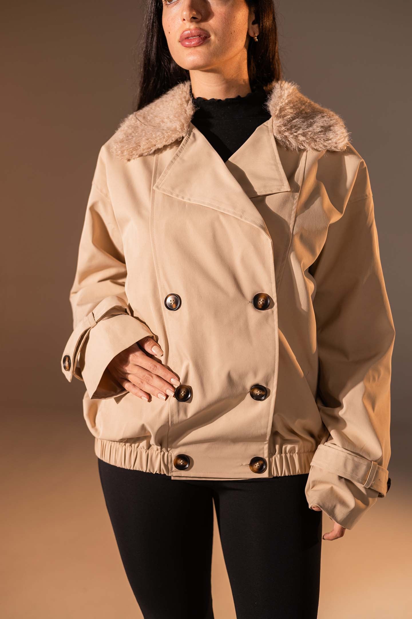 Beige  Double-Breasted Jacket with Faux Fur Collar