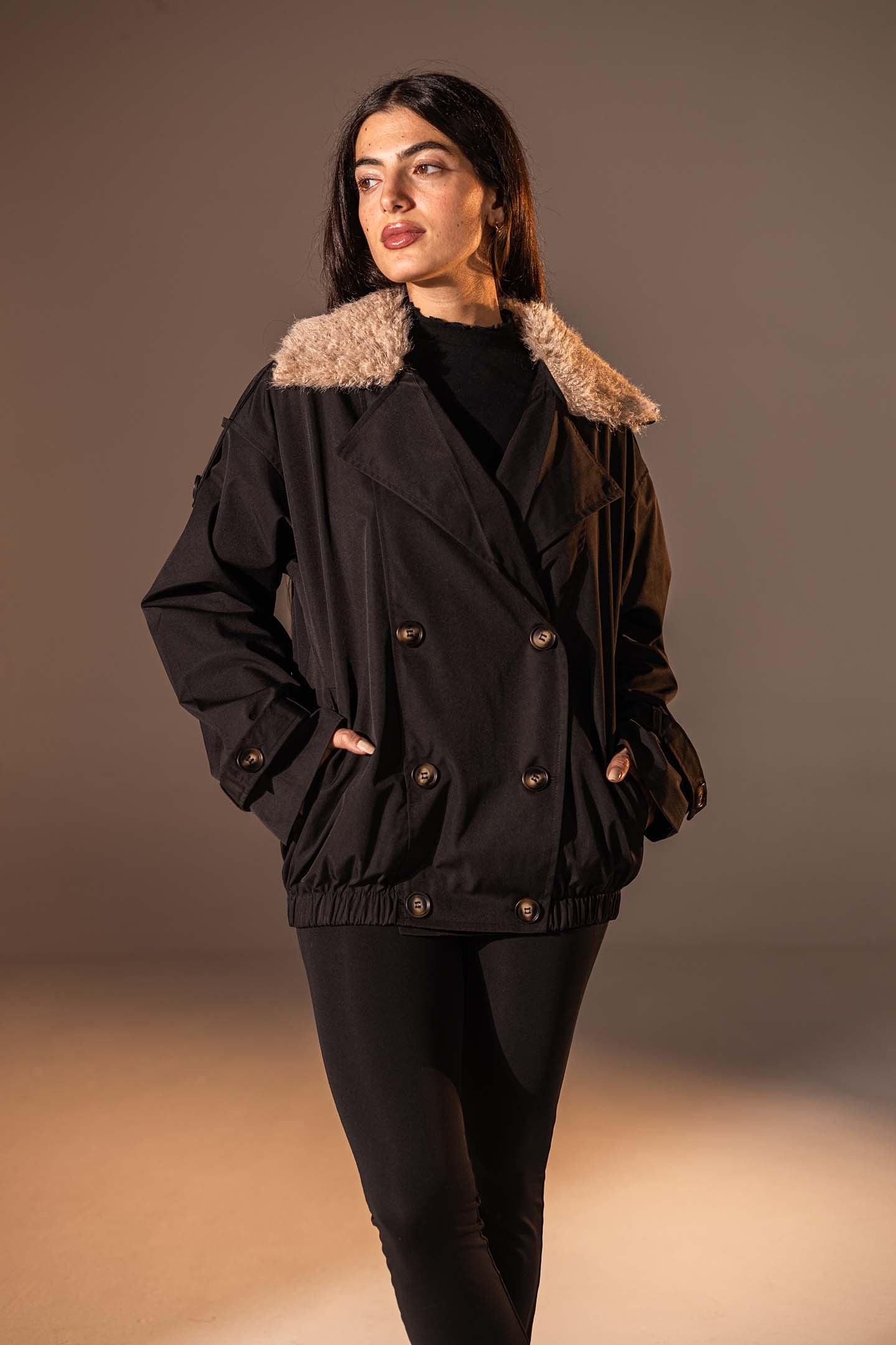 Black  Double-Breasted Jacket with Faux Fur Collar