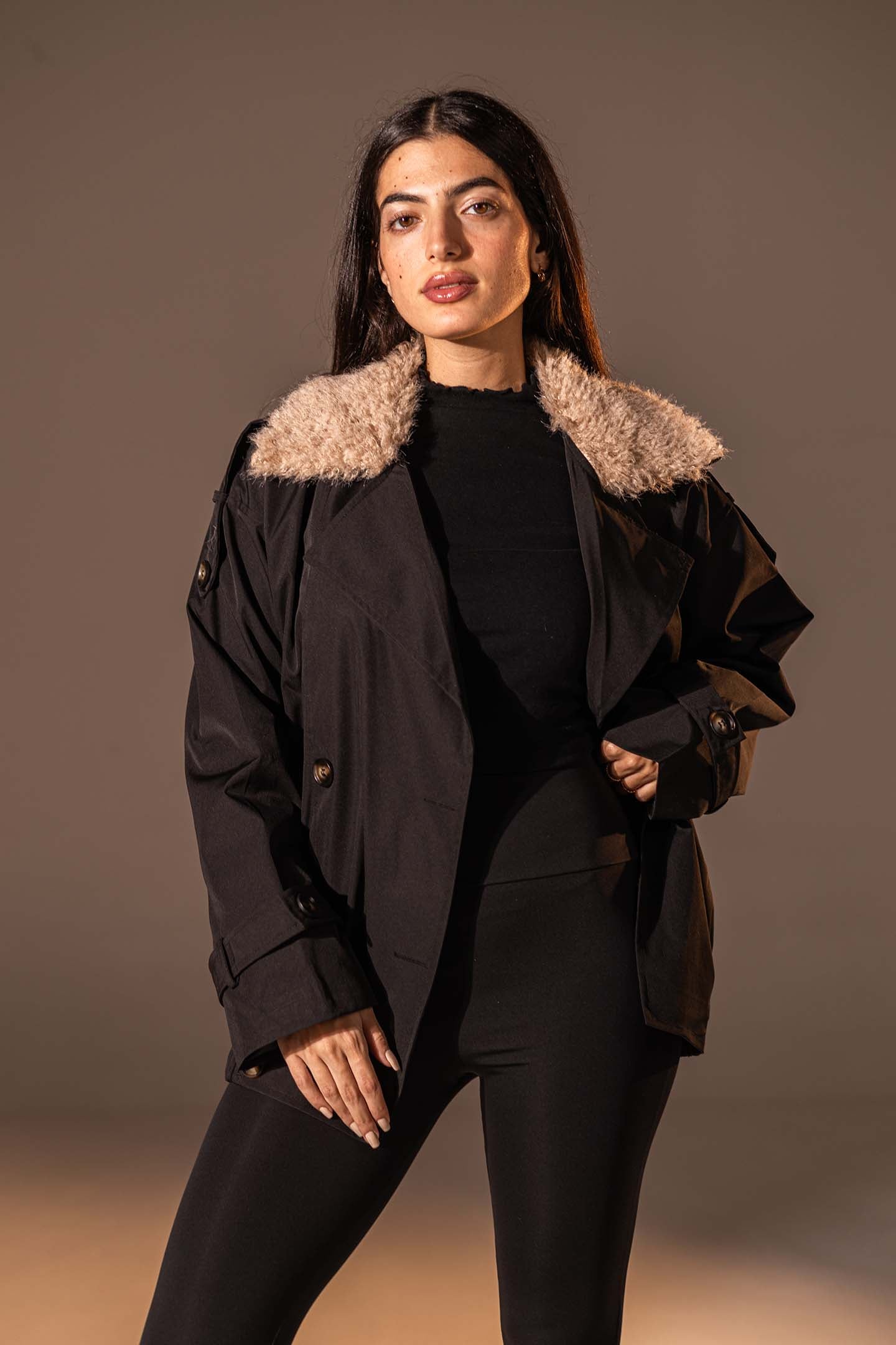 Black  Double-Breasted Jacket with Faux Fur Collar