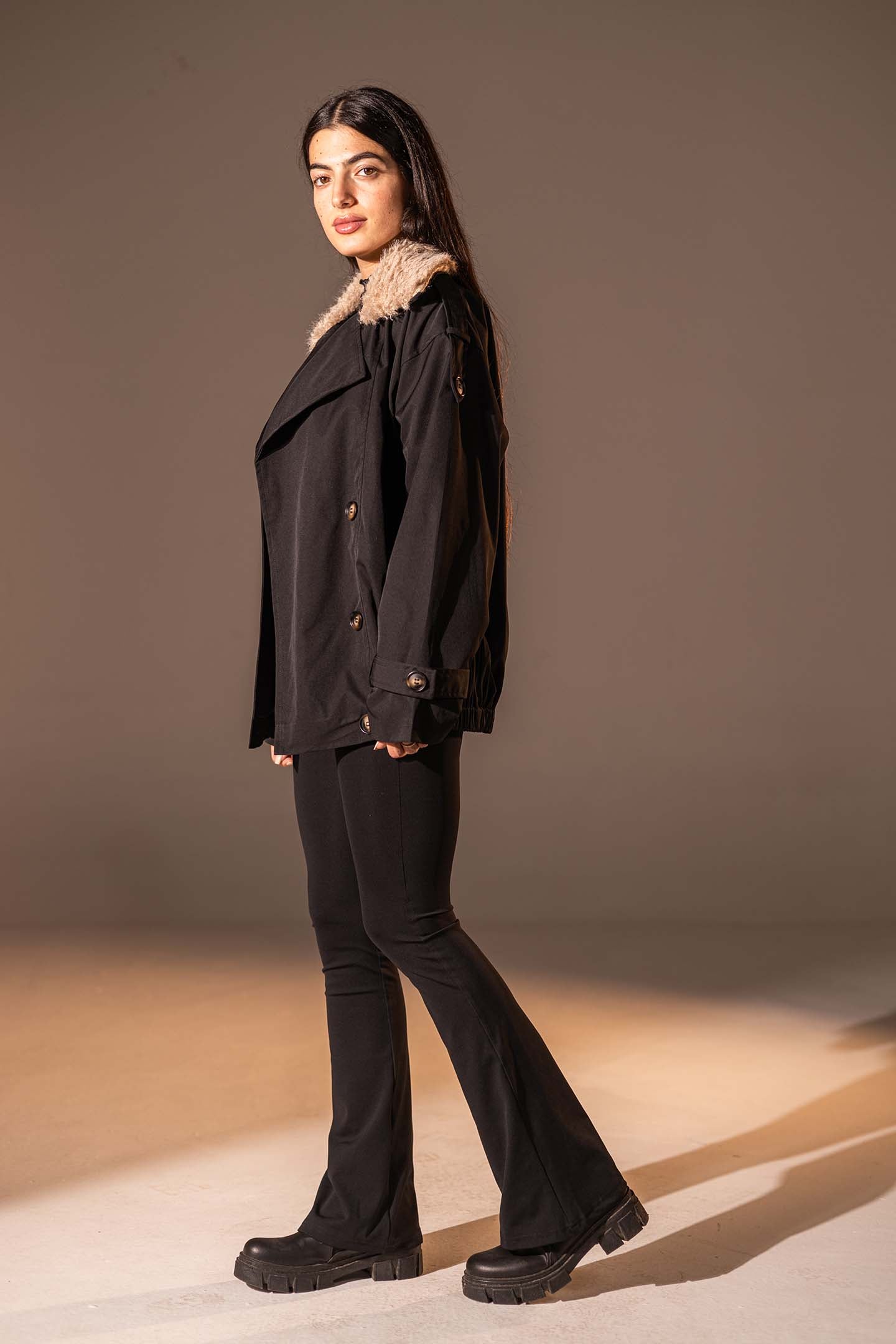 Black  Double-Breasted Jacket with Faux Fur Collar