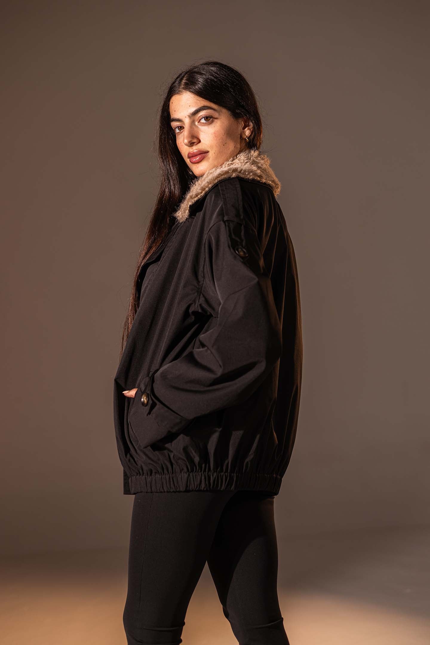 Black  Double-Breasted Jacket with Faux Fur Collar