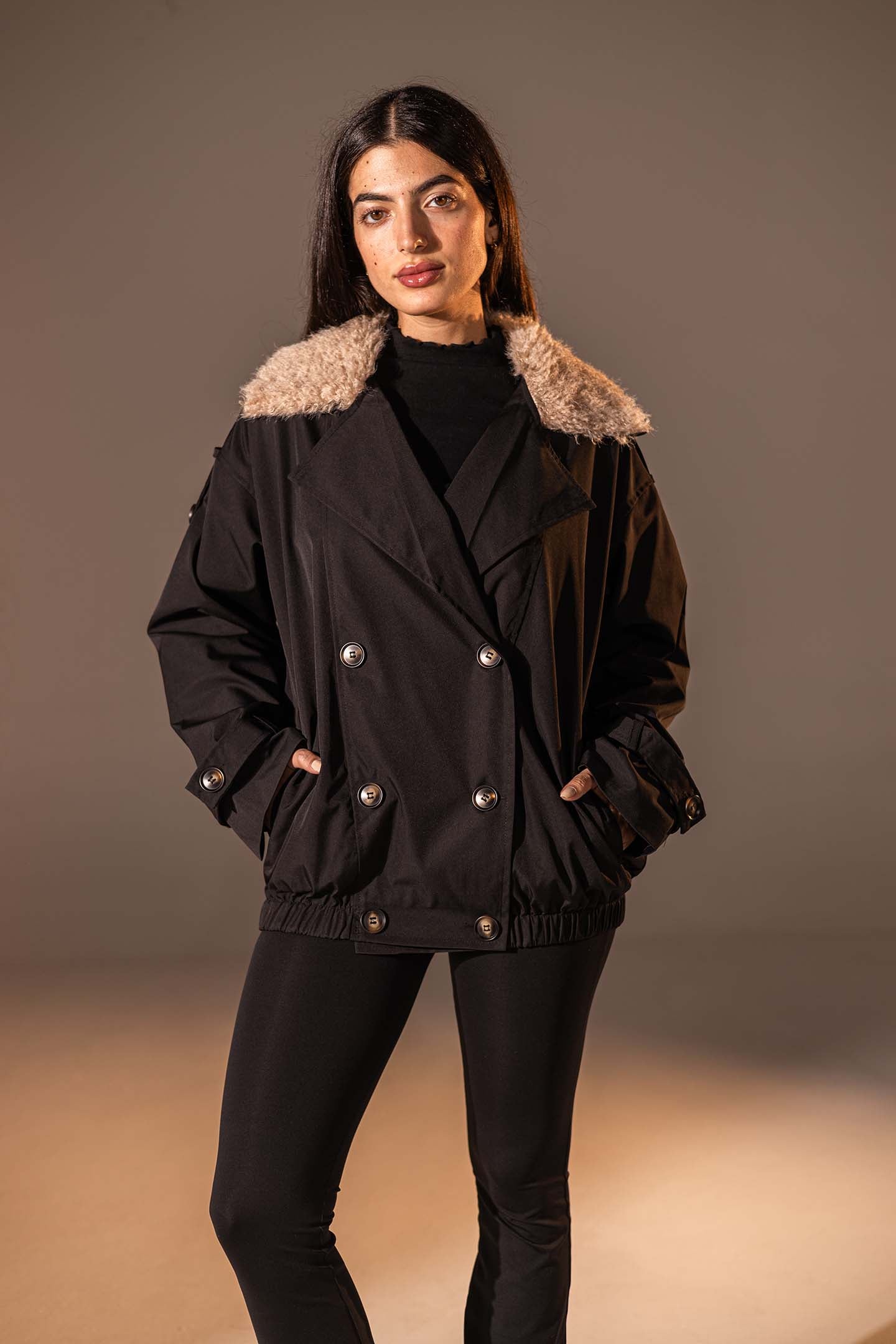Black  Double-Breasted Jacket with Faux Fur Collar