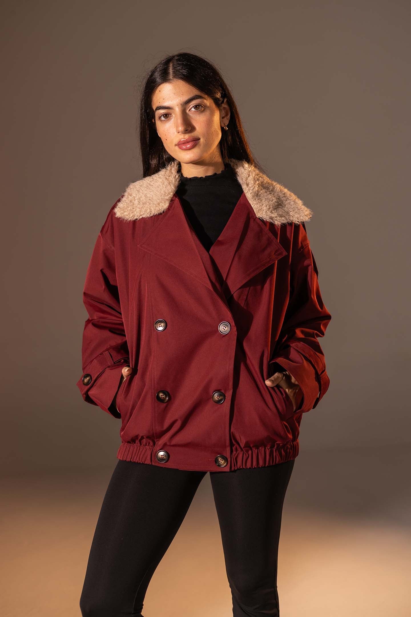 Burgundy  Double-Breasted Jacket with Faux Fur Collar
