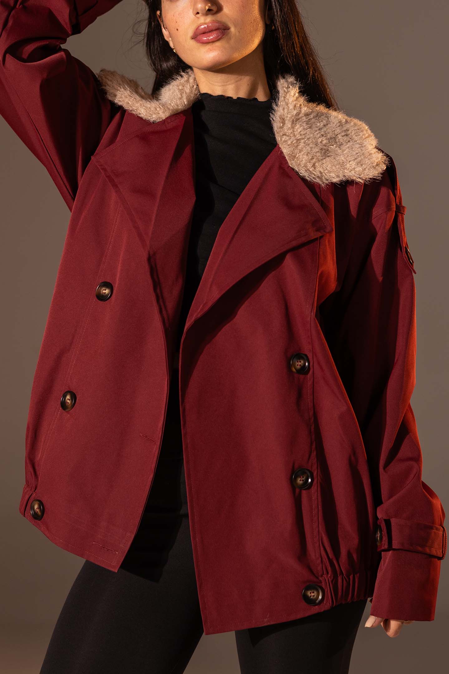 Burgundy  Double-Breasted Jacket with Faux Fur Collar