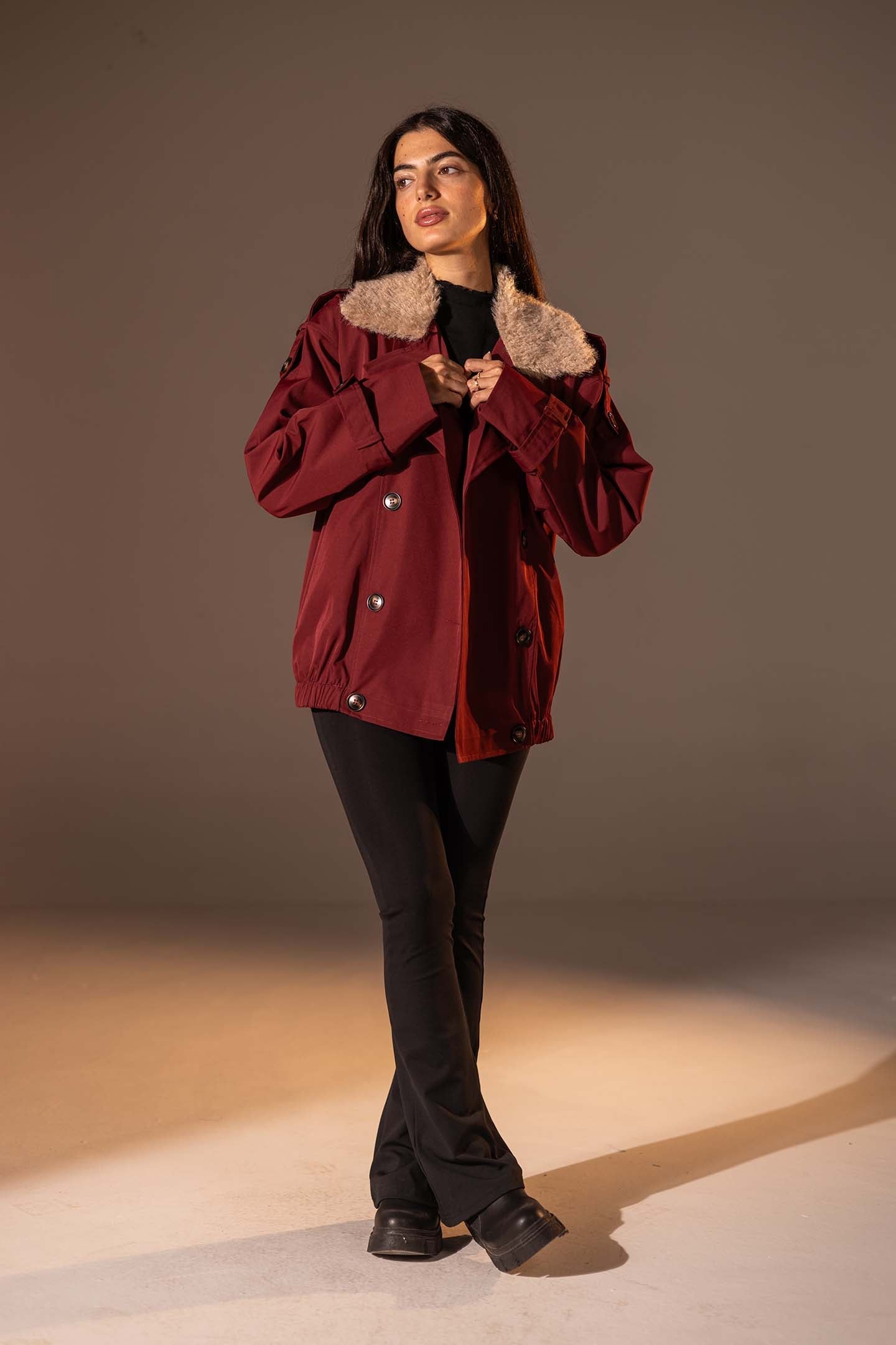 Burgundy  Double-Breasted Jacket with Faux Fur Collar