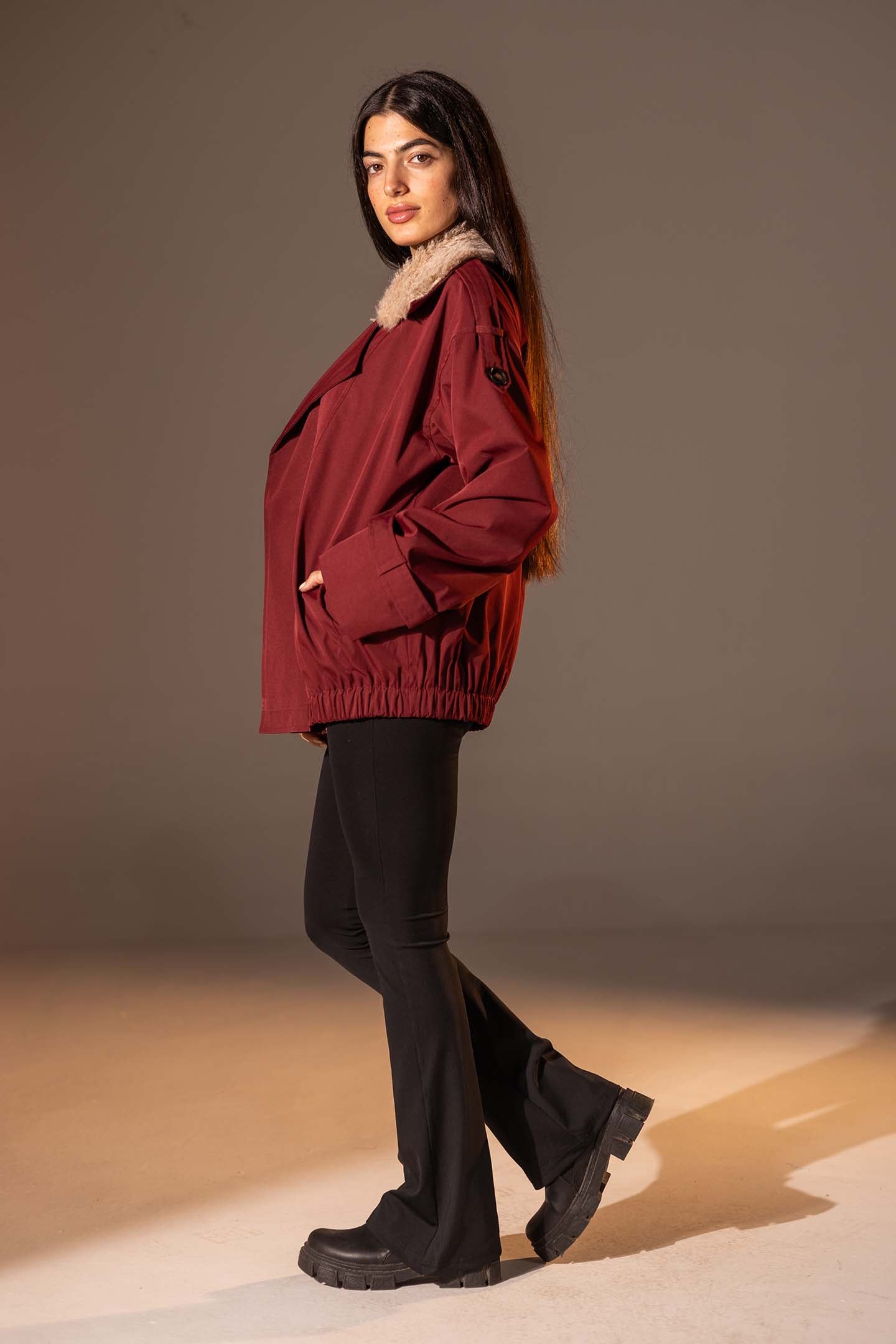 Burgundy  Double-Breasted Jacket with Faux Fur Collar