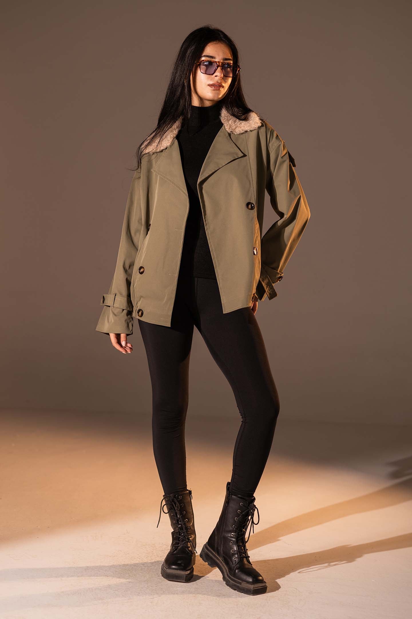 Olive  Double-Breasted Jacket with Faux Fur Collar