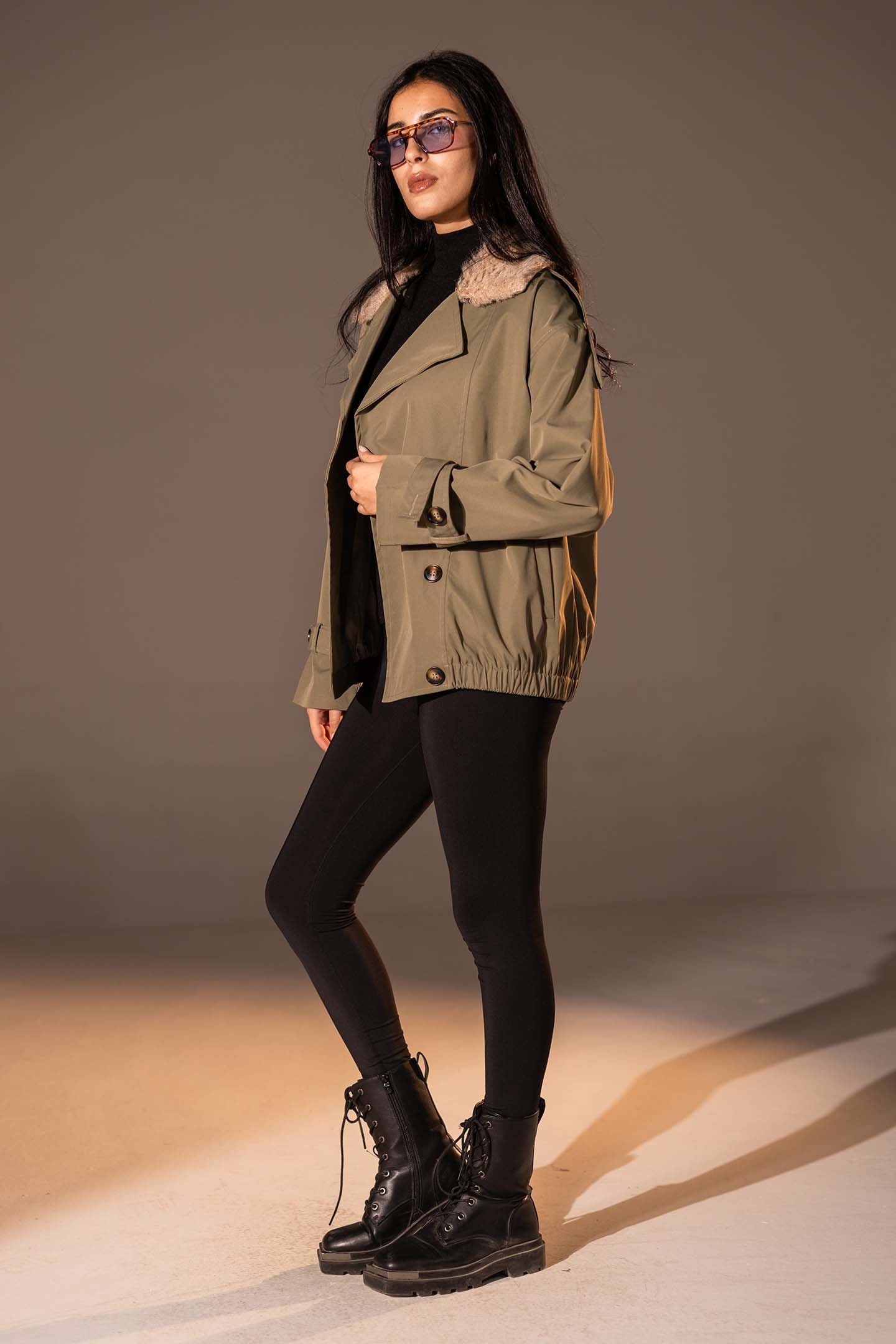 Olive  Double-Breasted Jacket with Faux Fur Collar