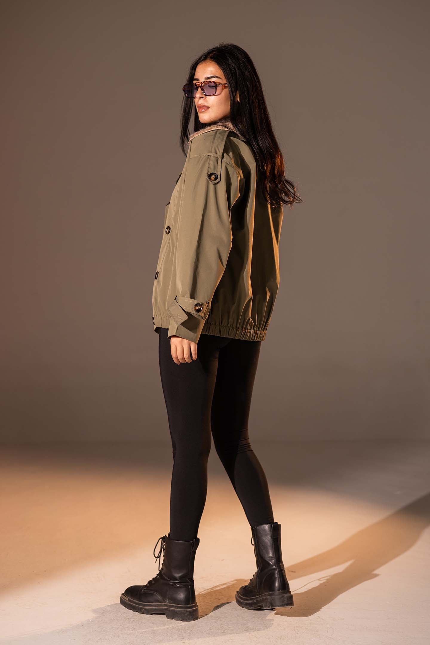 Olive  Double-Breasted Jacket with Faux Fur Collar