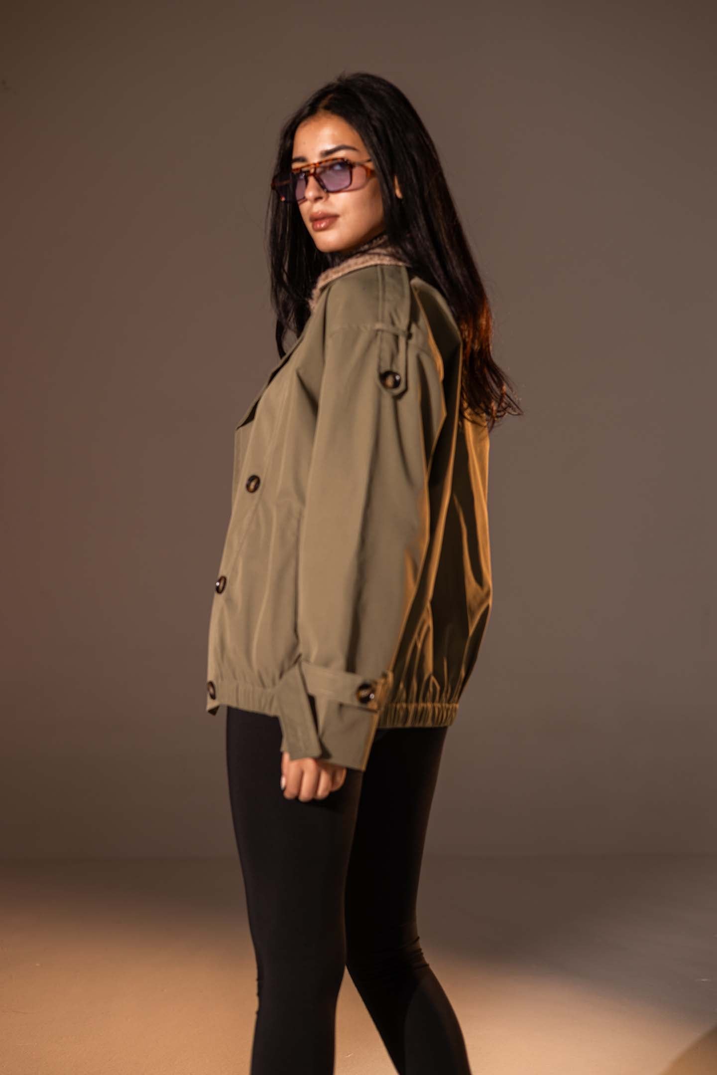 Olive  Double-Breasted Jacket with Faux Fur Collar