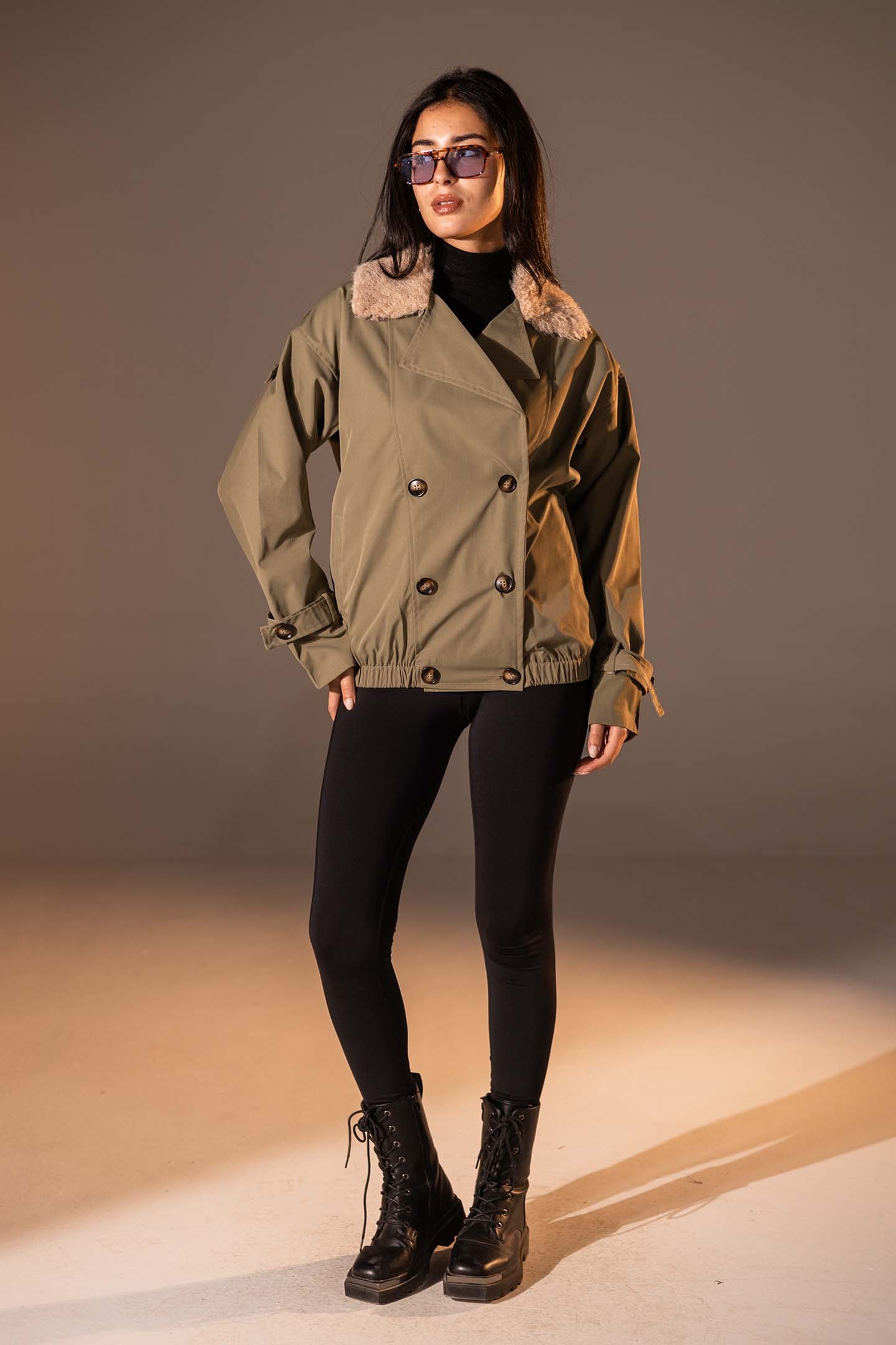 Olive  Double-Breasted Jacket with Faux Fur Collar