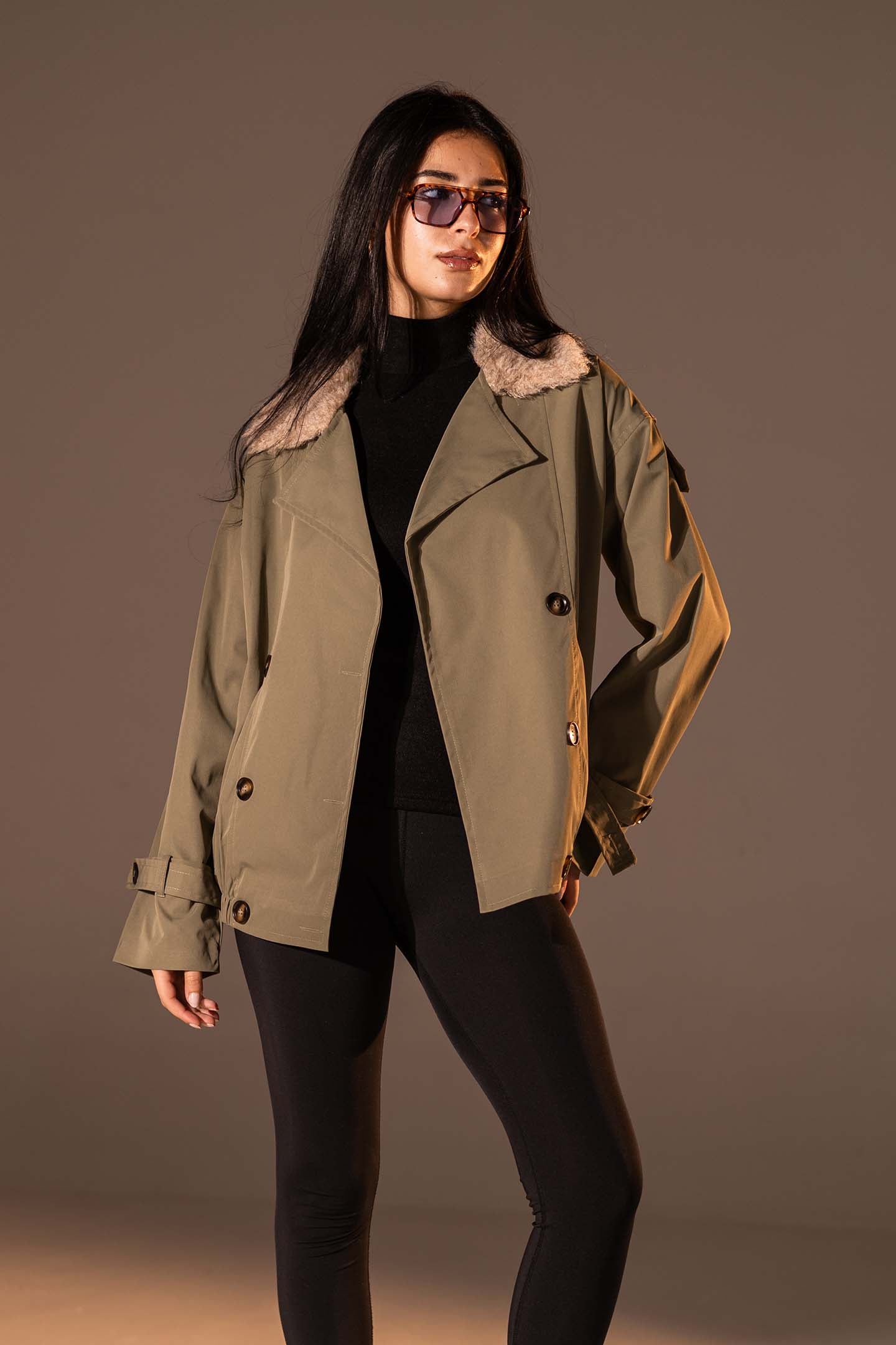 Olive  Double-Breasted Jacket with Faux Fur Collar