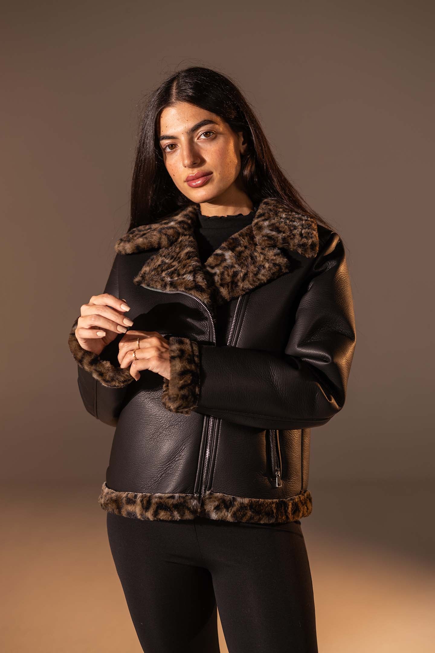 Black  Shearling-Lined Leather Jacket