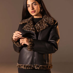 Black  Shearling-Lined Leather Jacket