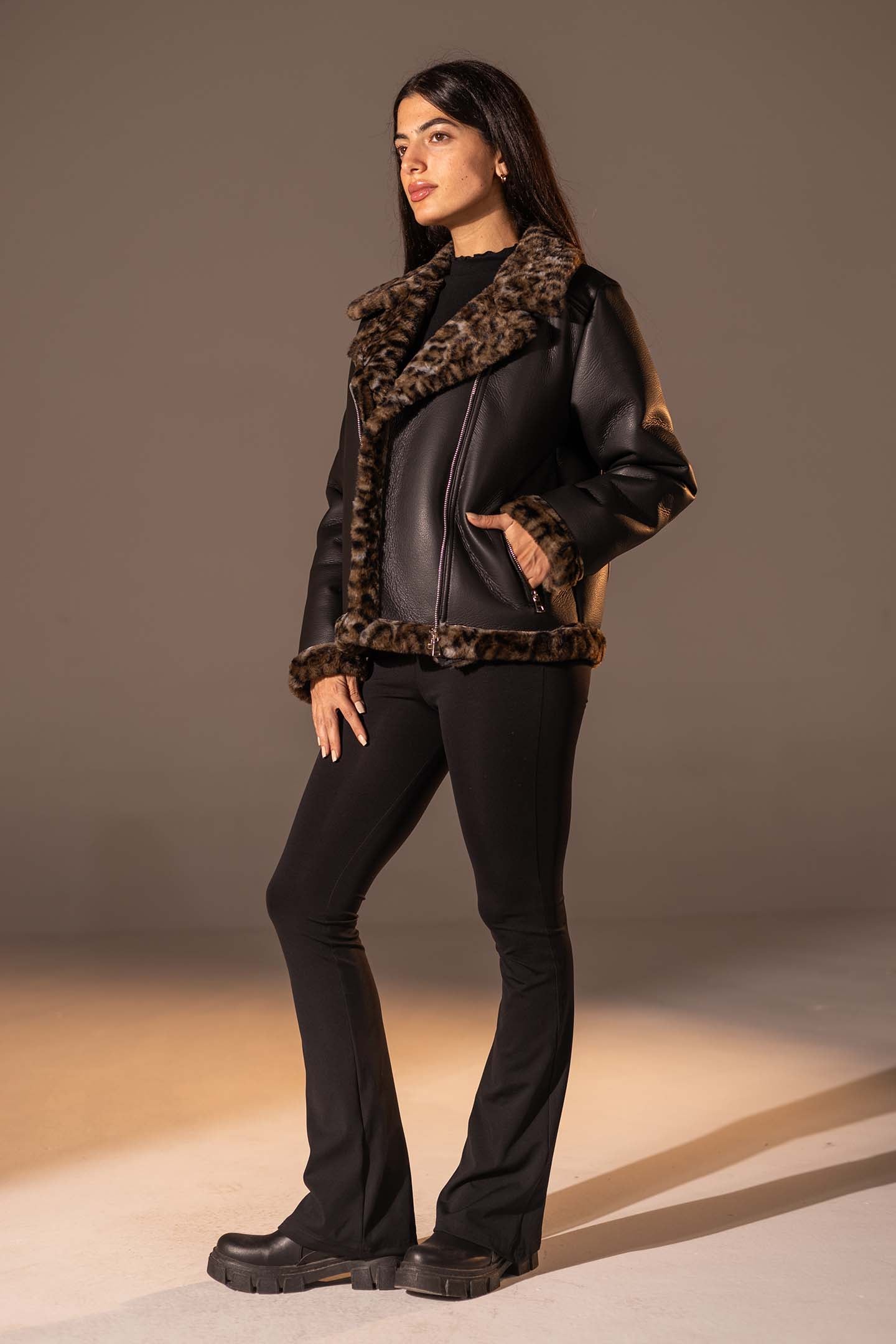 Black  Shearling-Lined Leather Jacket