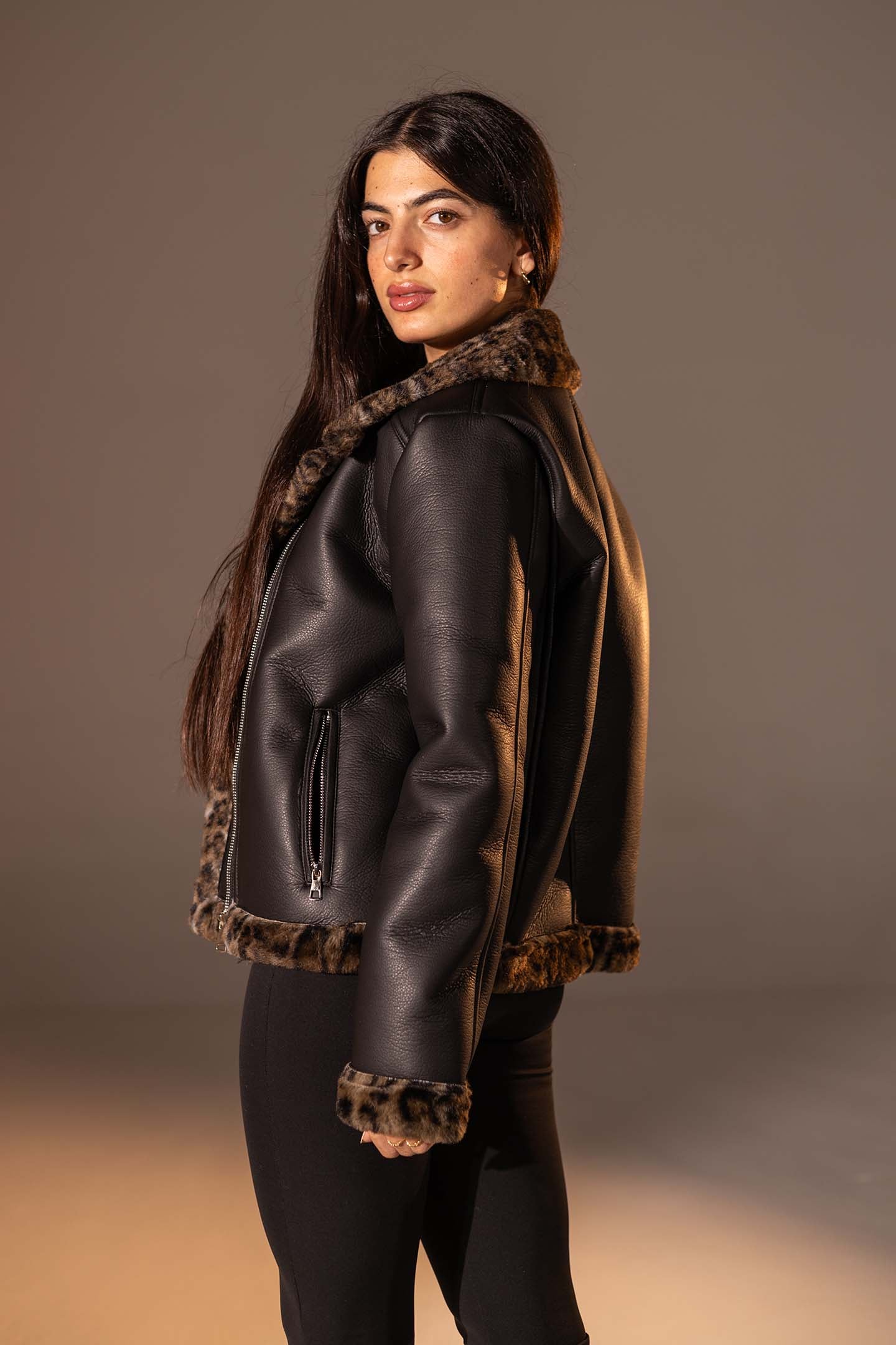 Black  Shearling-Lined Leather Jacket