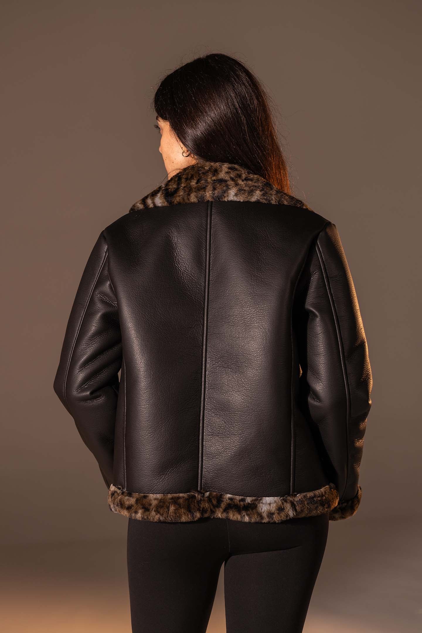 Black  Shearling-Lined Leather Jacket