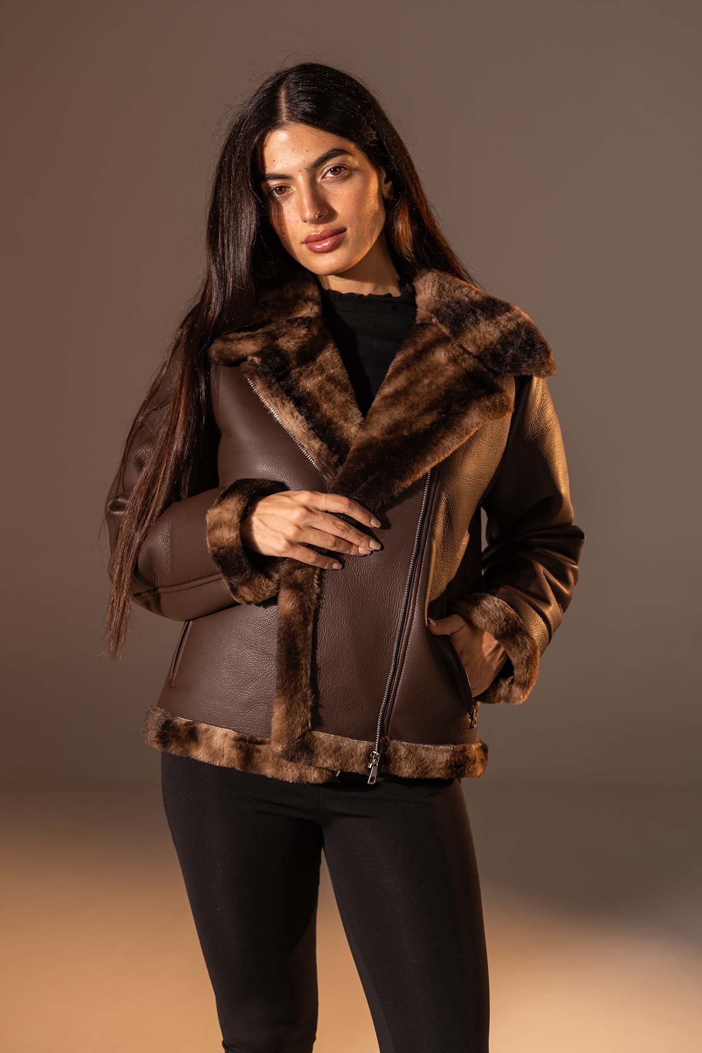 Brown  Shearling-Lined Leather Jacket