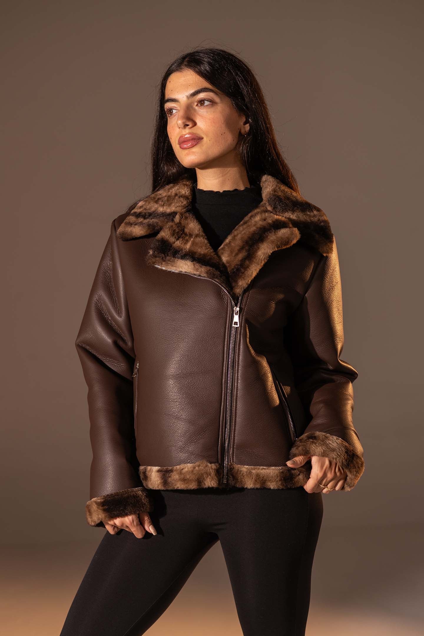 Brown  Shearling-Lined Leather Jacket