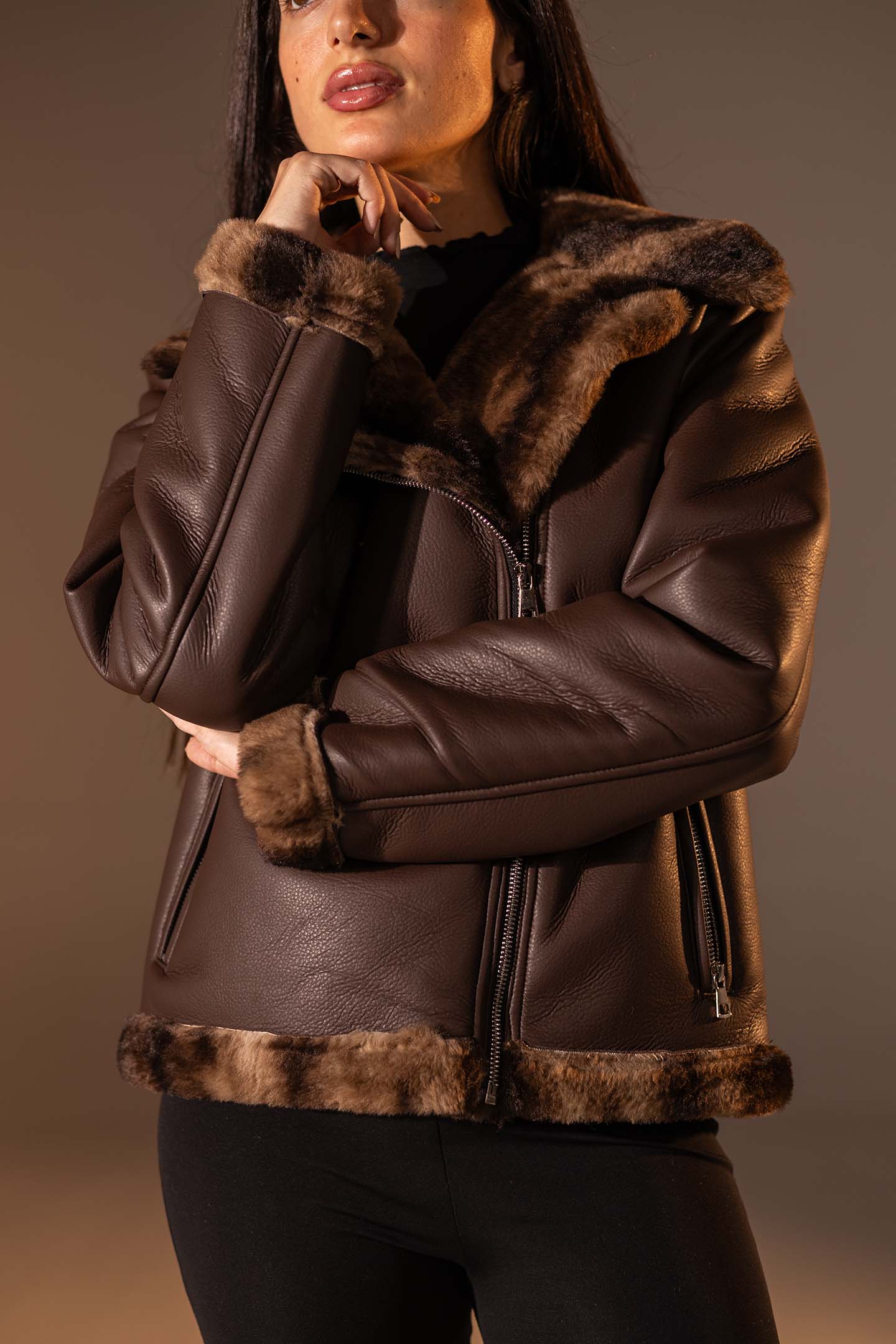 Brown  Shearling-Lined Leather Jacket