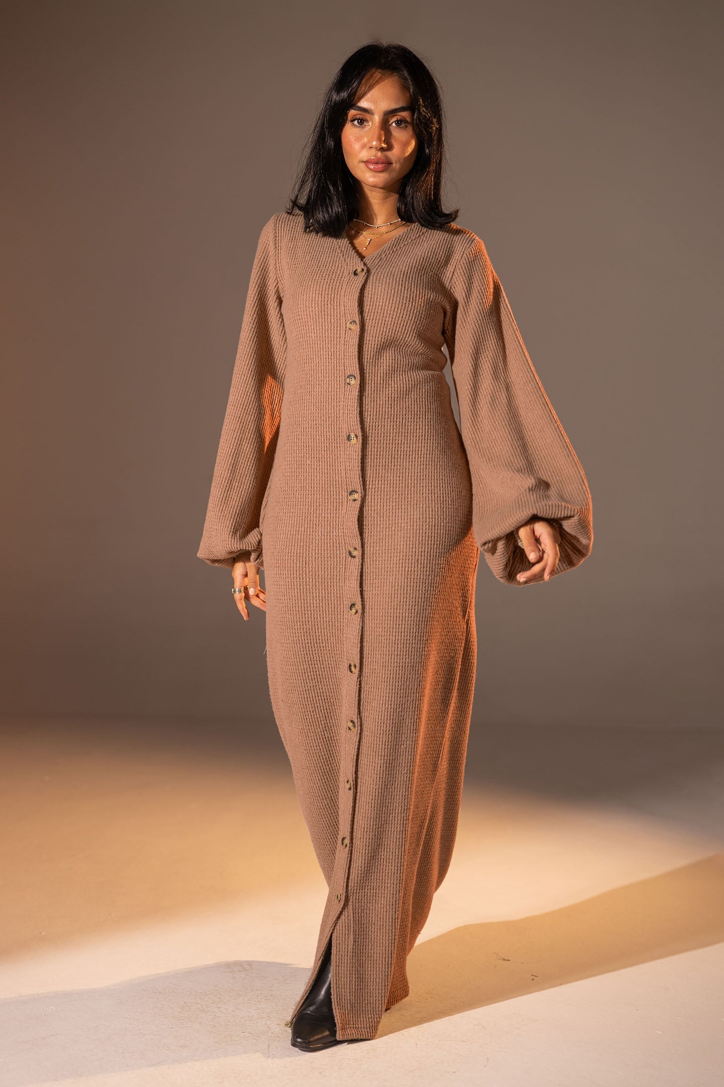 Camel Puffy Sleeves Ribbed Knit Maxi Dress