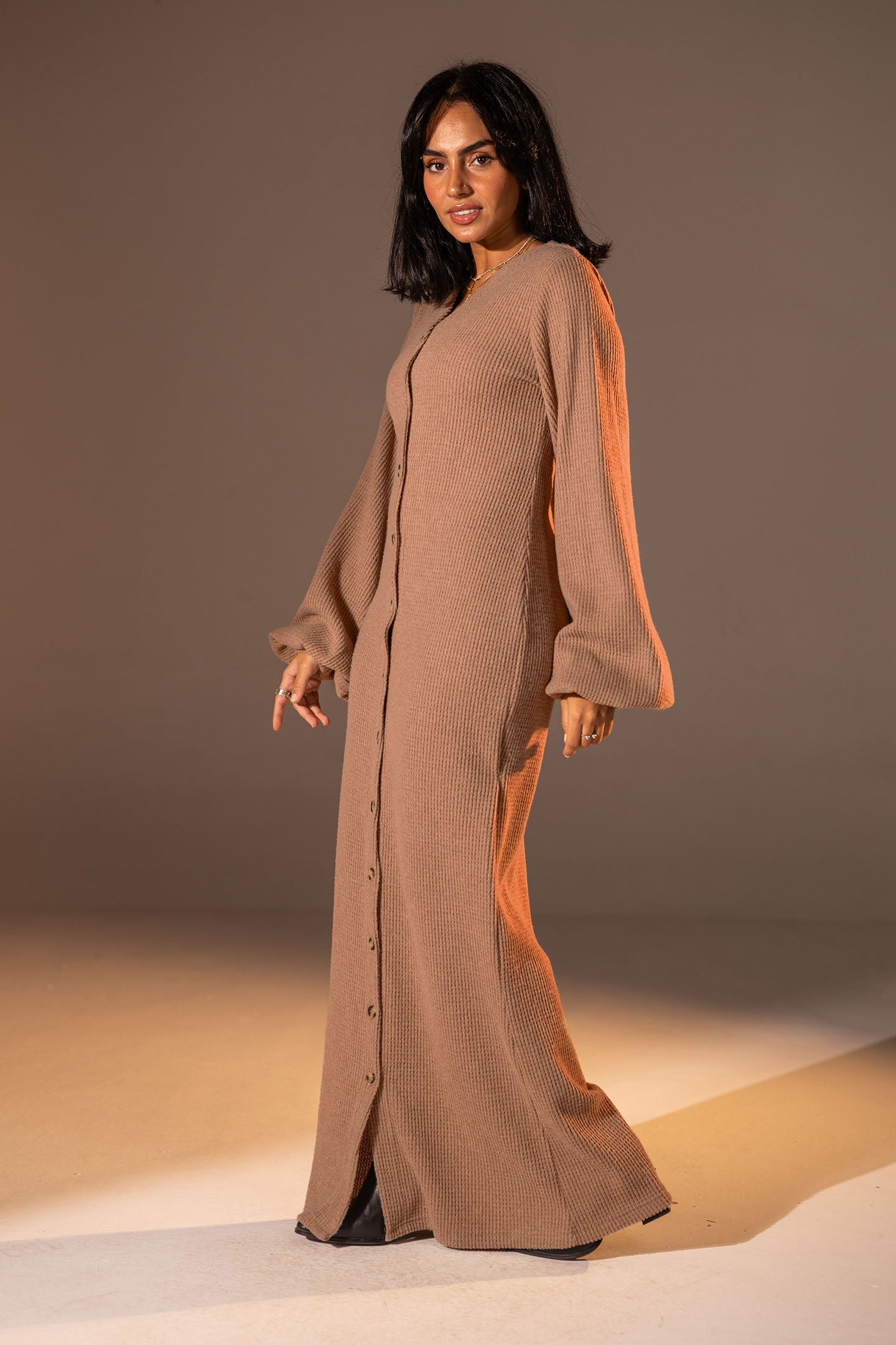 Camel Puffy Sleeves Ribbed Knit Maxi Dress