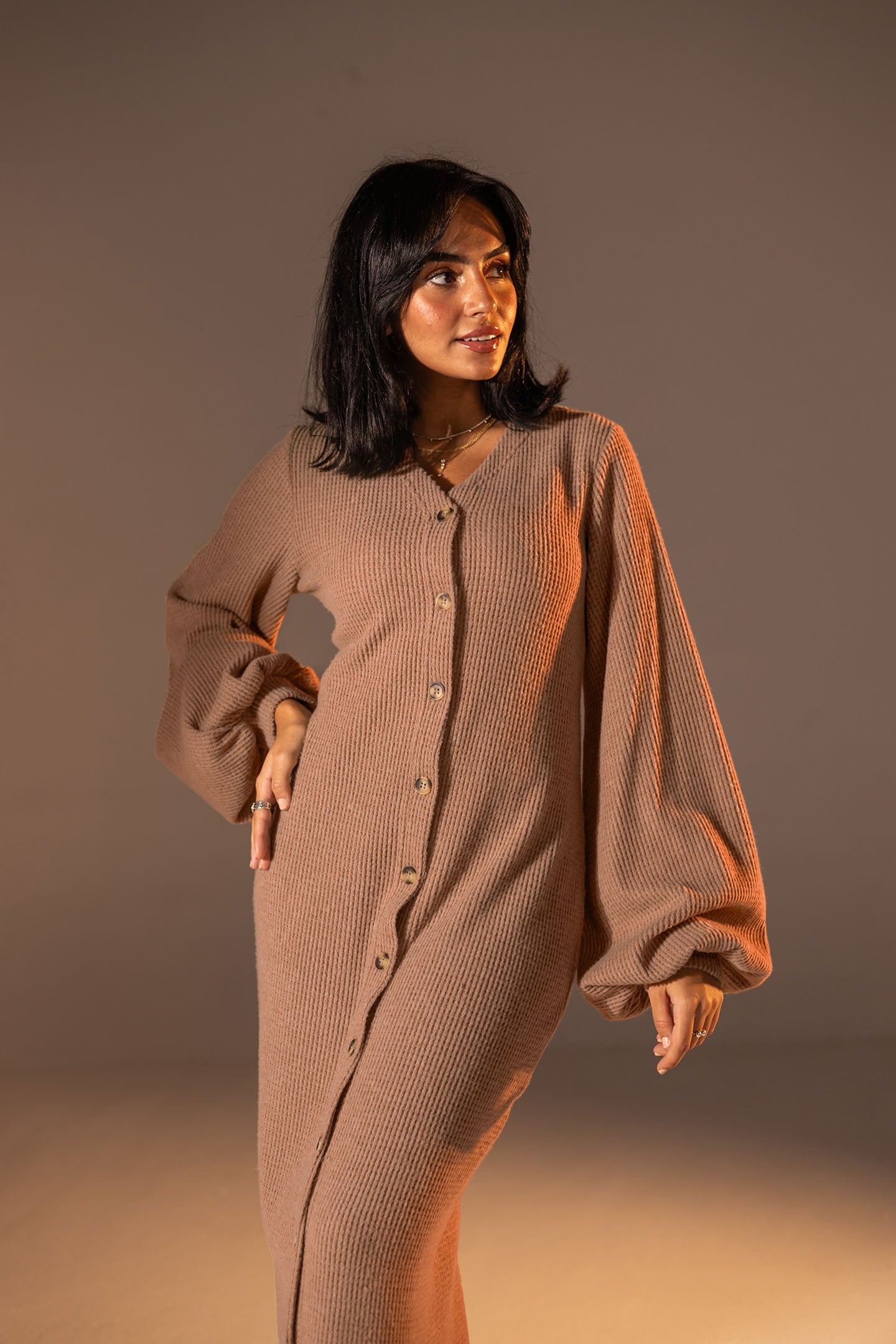 Camel Puffy Sleeves Ribbed Knit Maxi Dress