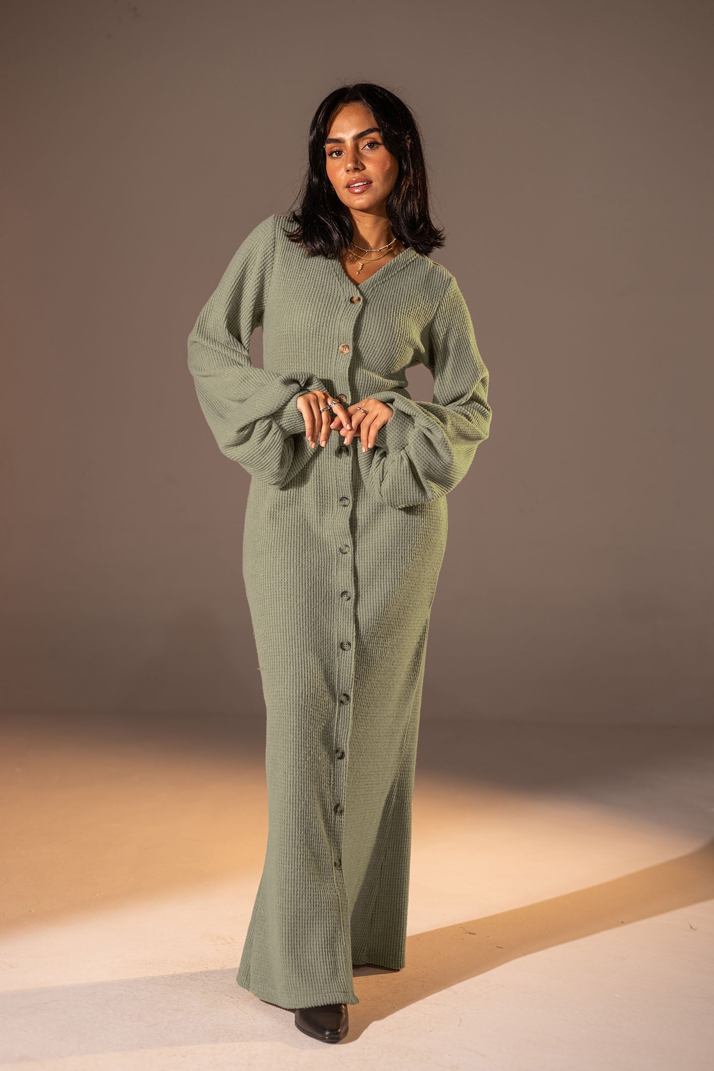 Mint Puffy Sleeves Ribbed Knit Maxi Dress