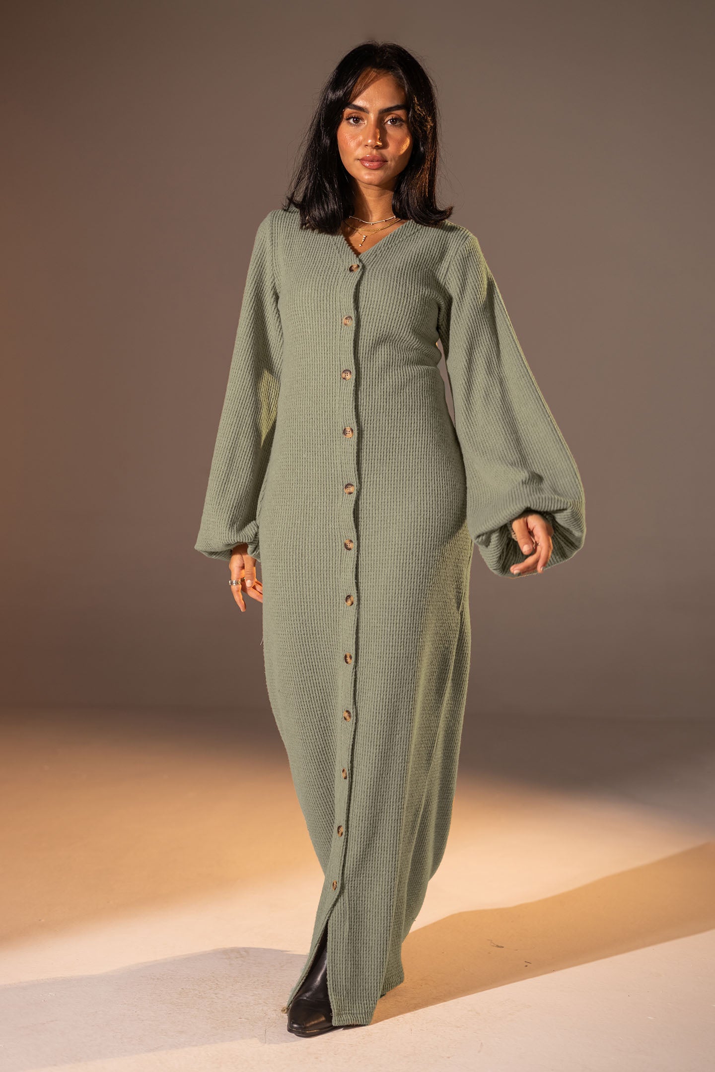 Mint Puffy Sleeves Ribbed Knit Maxi Dress