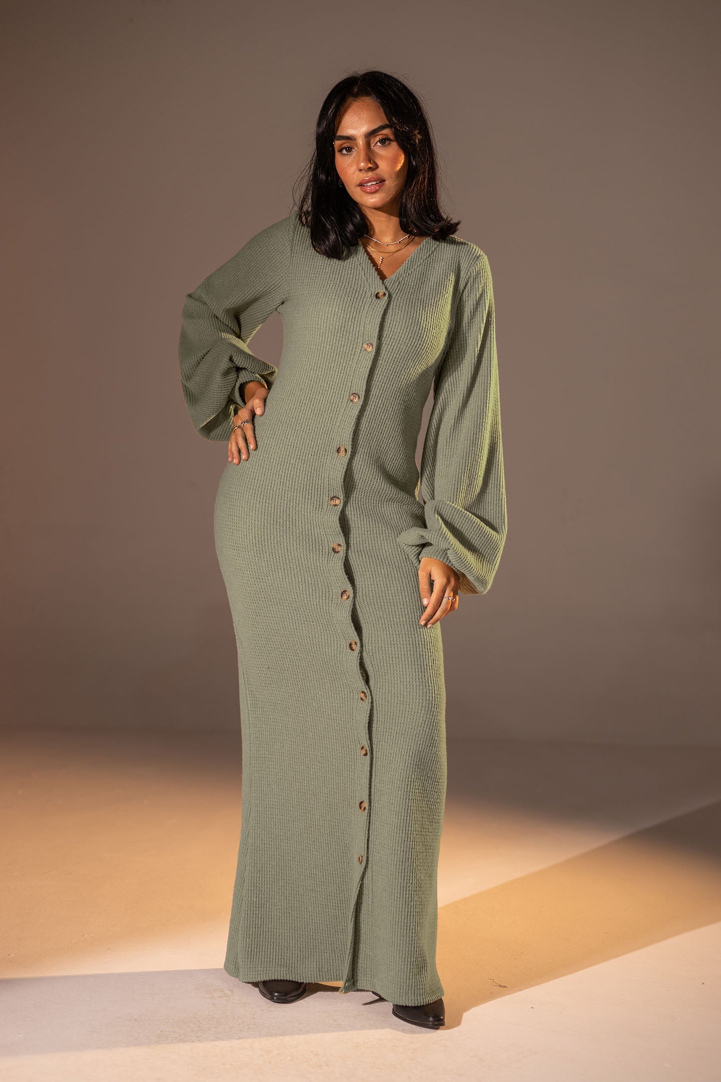 Mint Puffy Sleeves Ribbed Knit Maxi Dress