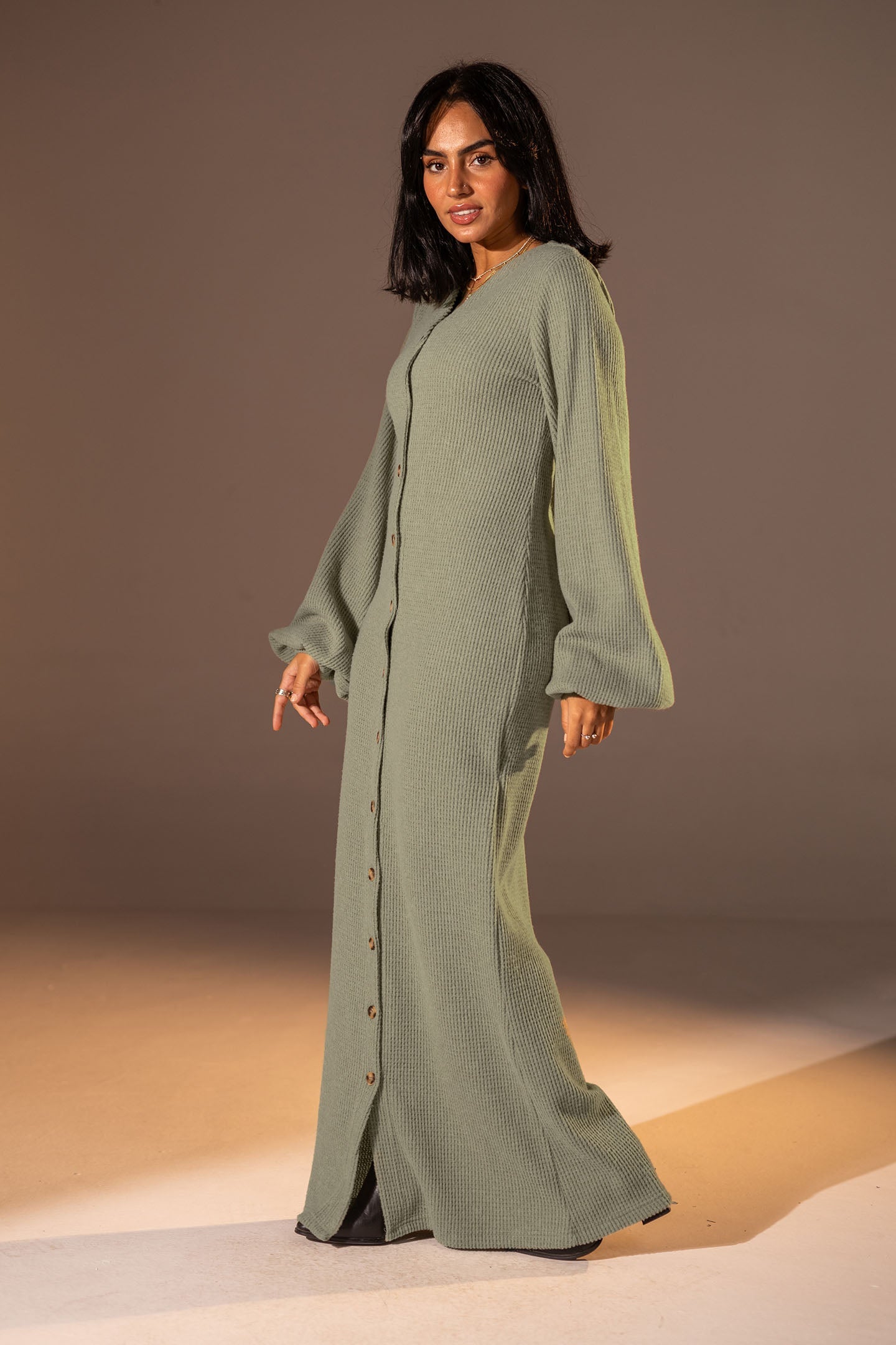 Mint Puffy Sleeves Ribbed Knit Maxi Dress