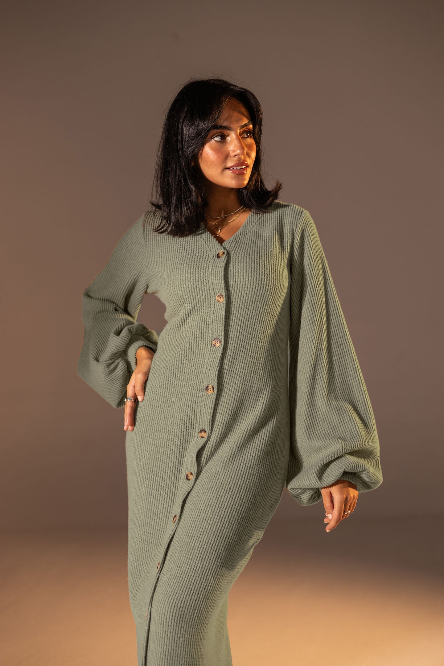 Mint Puffy Sleeves Ribbed Knit Maxi Dress