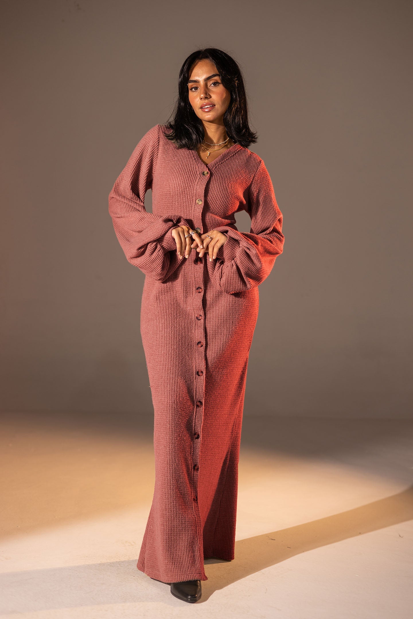 Rose Puffy Sleeves Ribbed Knit Maxi Dress