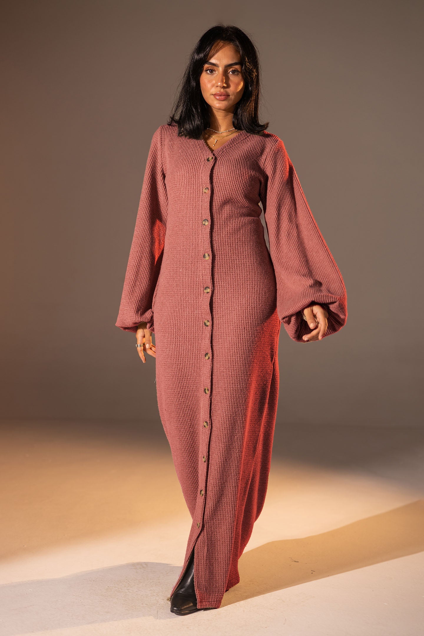 Rose Puffy Sleeves Ribbed Knit Maxi Dress