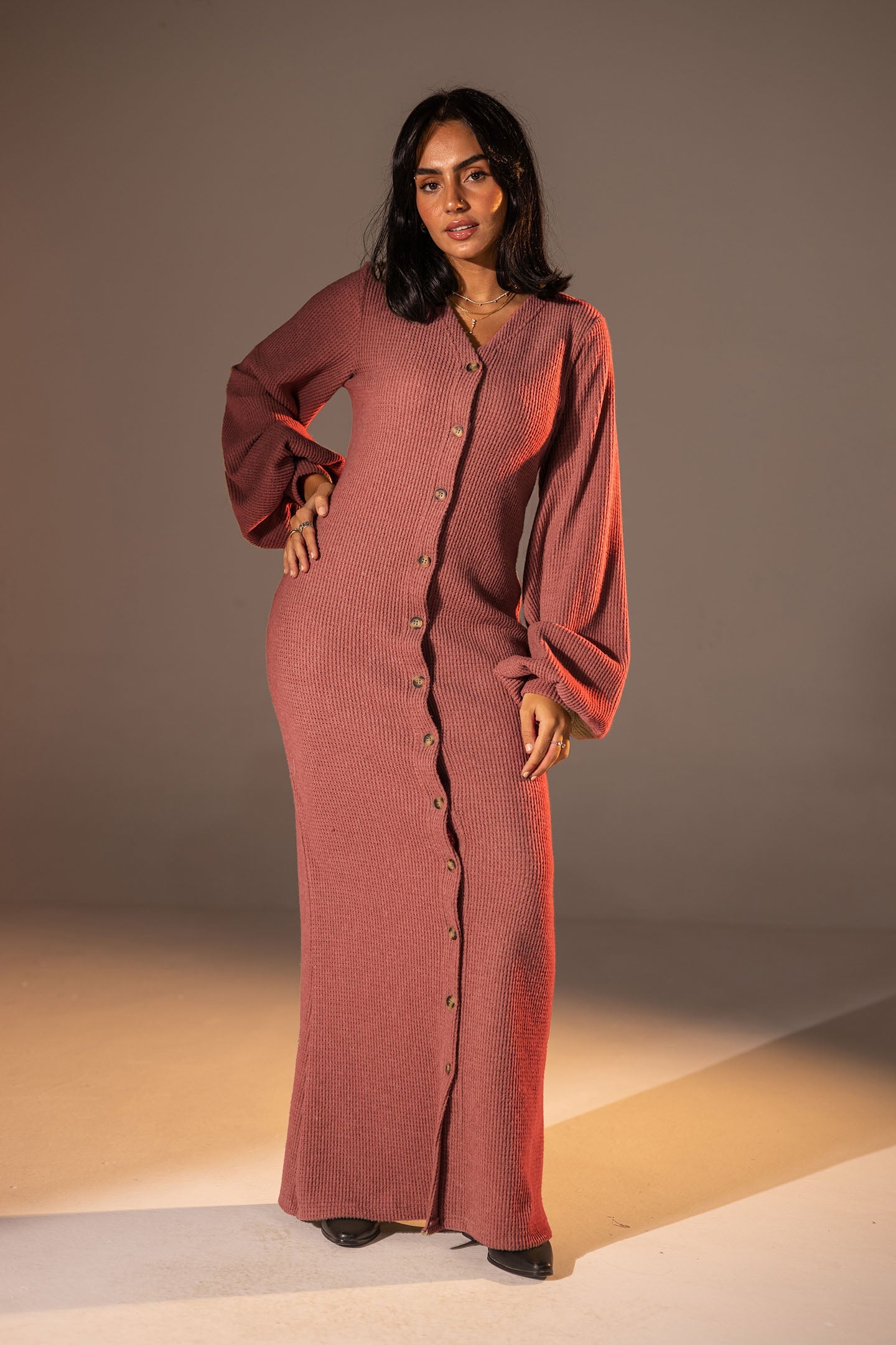 Rose Puffy Sleeves Ribbed Knit Maxi Dress