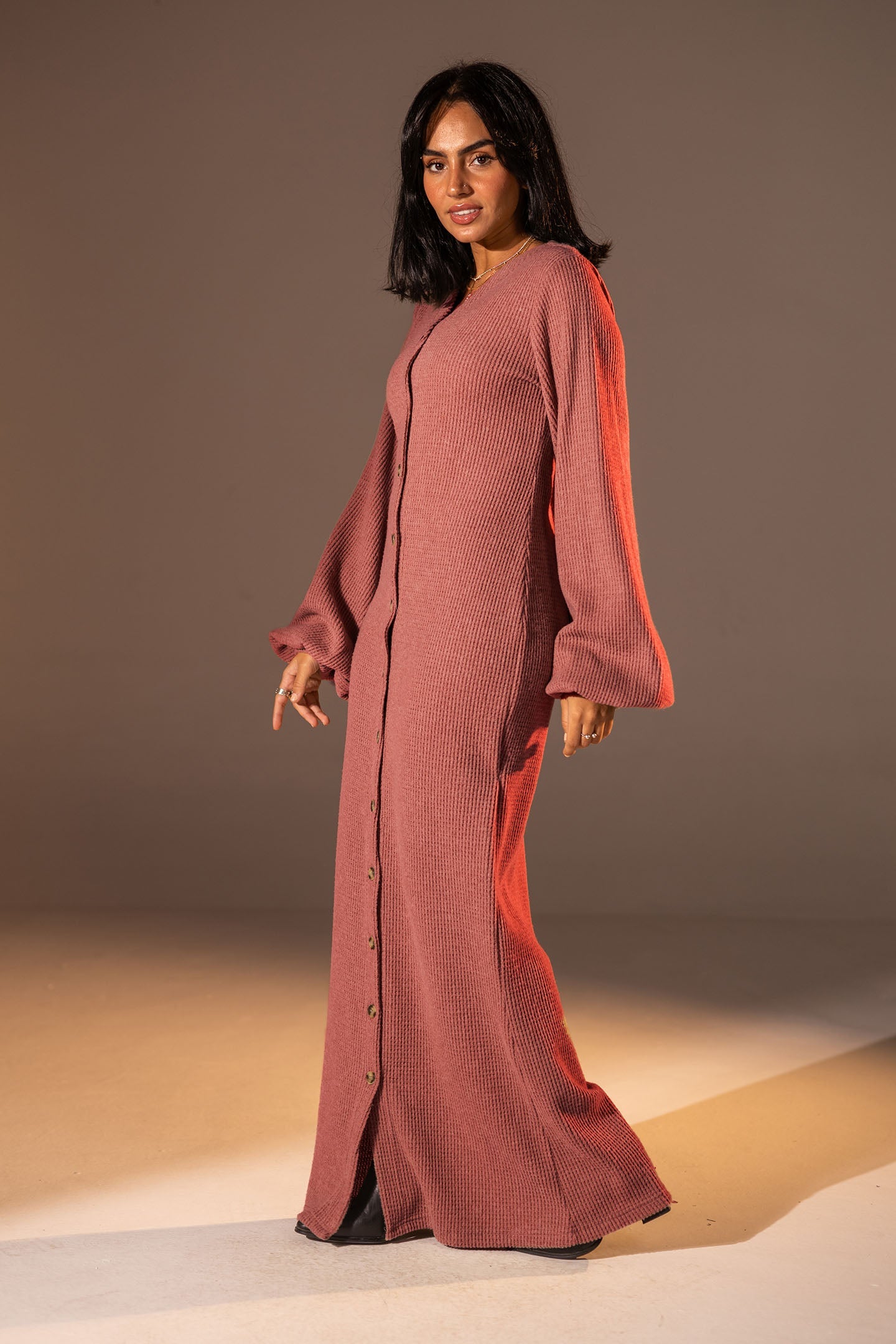 Rose Puffy Sleeves Ribbed Knit Maxi Dress