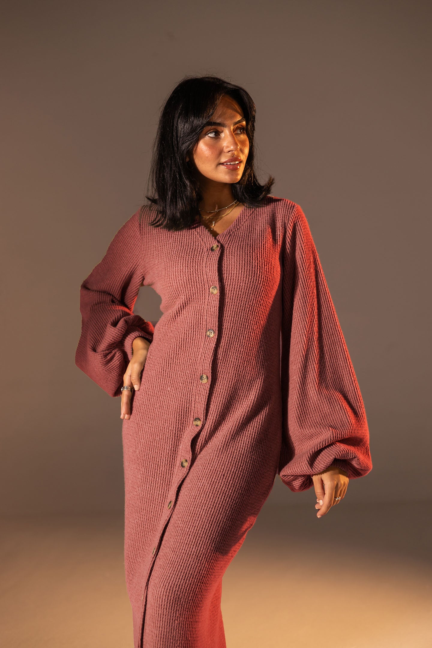 Rose Puffy Sleeves Ribbed Knit Maxi Dress