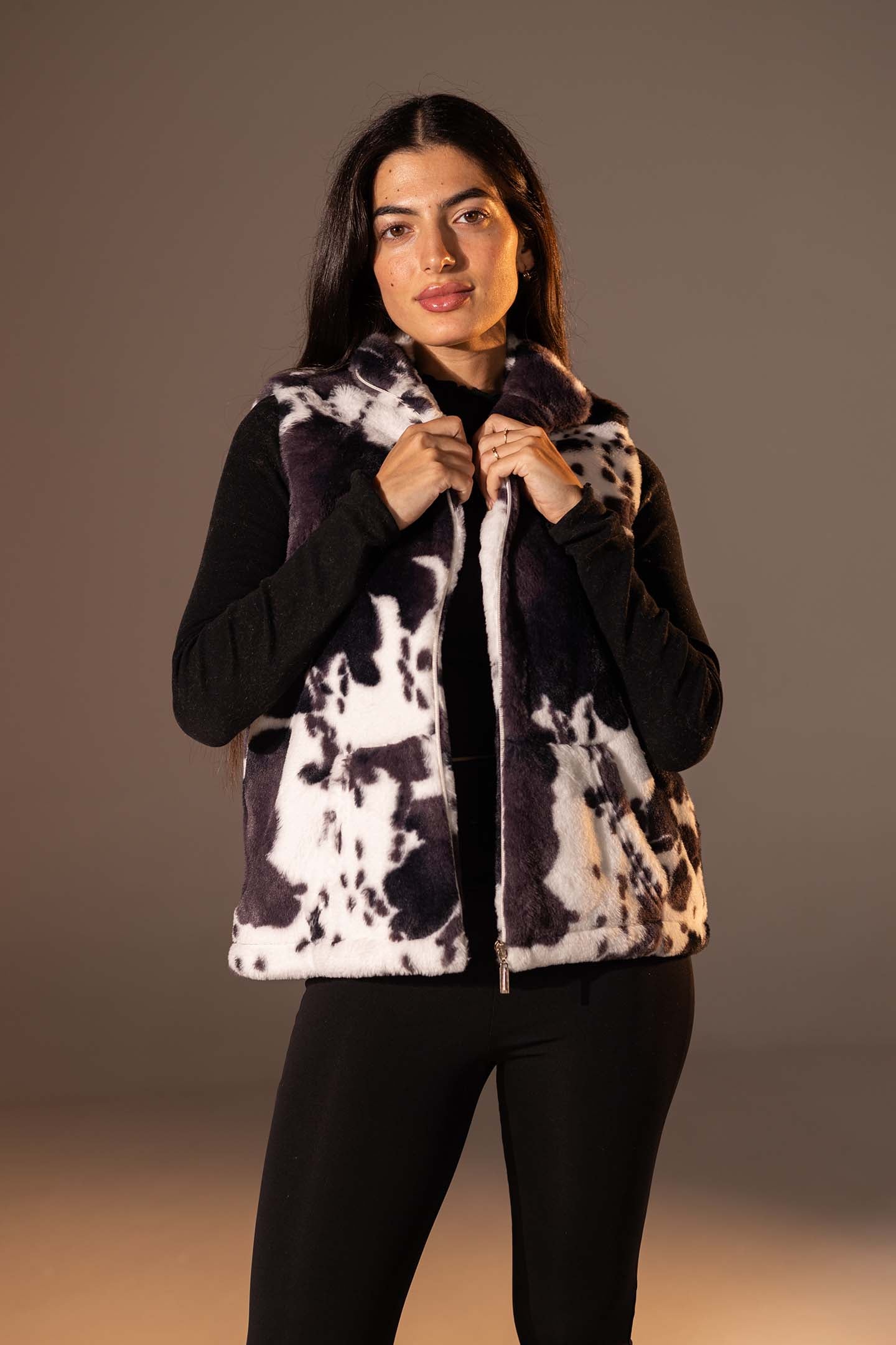 Black Cow Print Faux Fur Vest