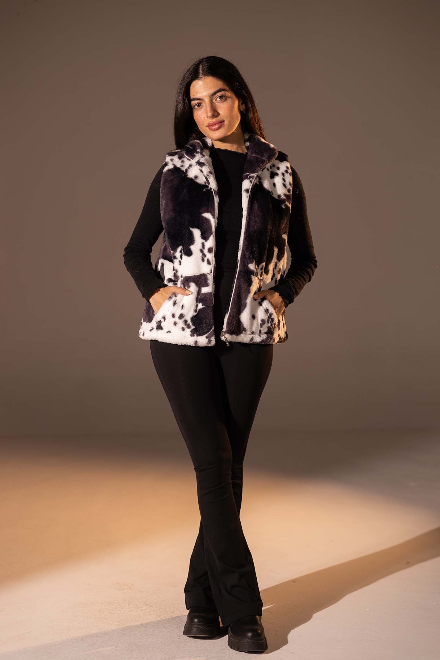Black Cow Print Faux Fur Vest