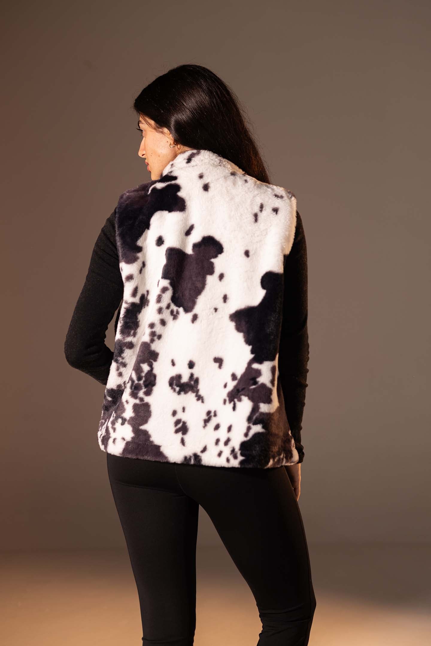 Black Cow Print Faux Fur Vest
