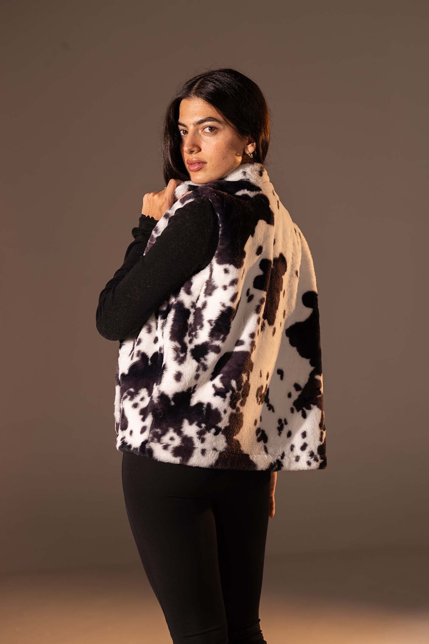 Black Cow Print Faux Fur Vest