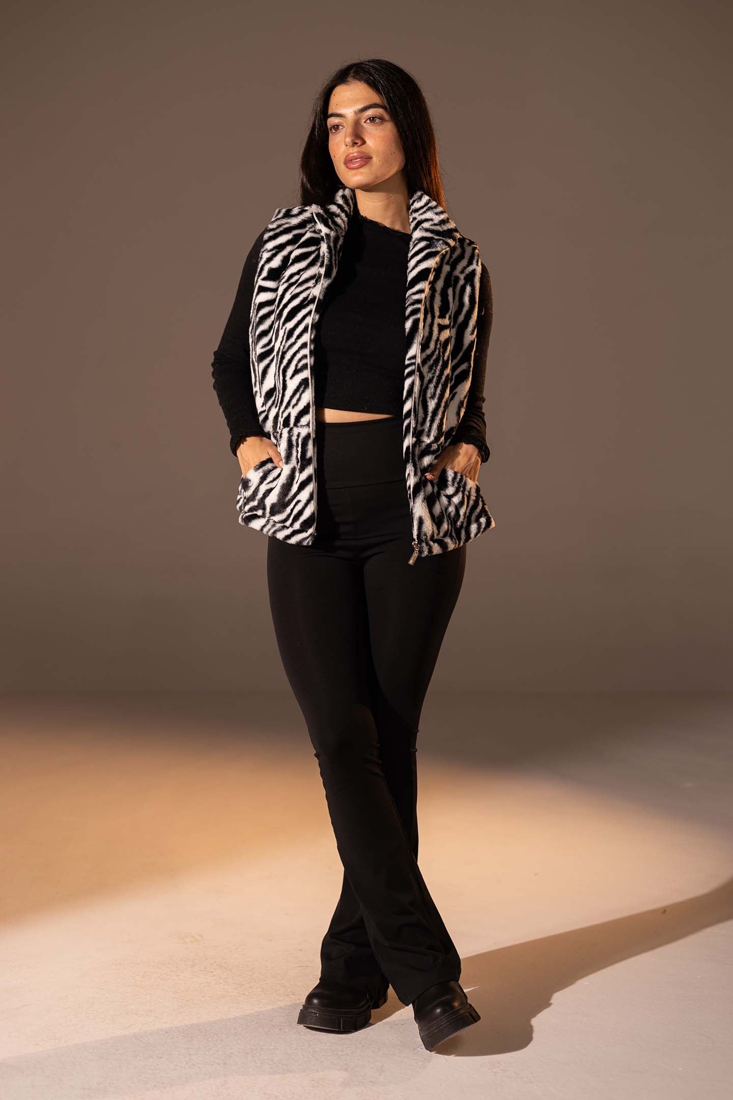 Black Zebra Faux Fur Vest