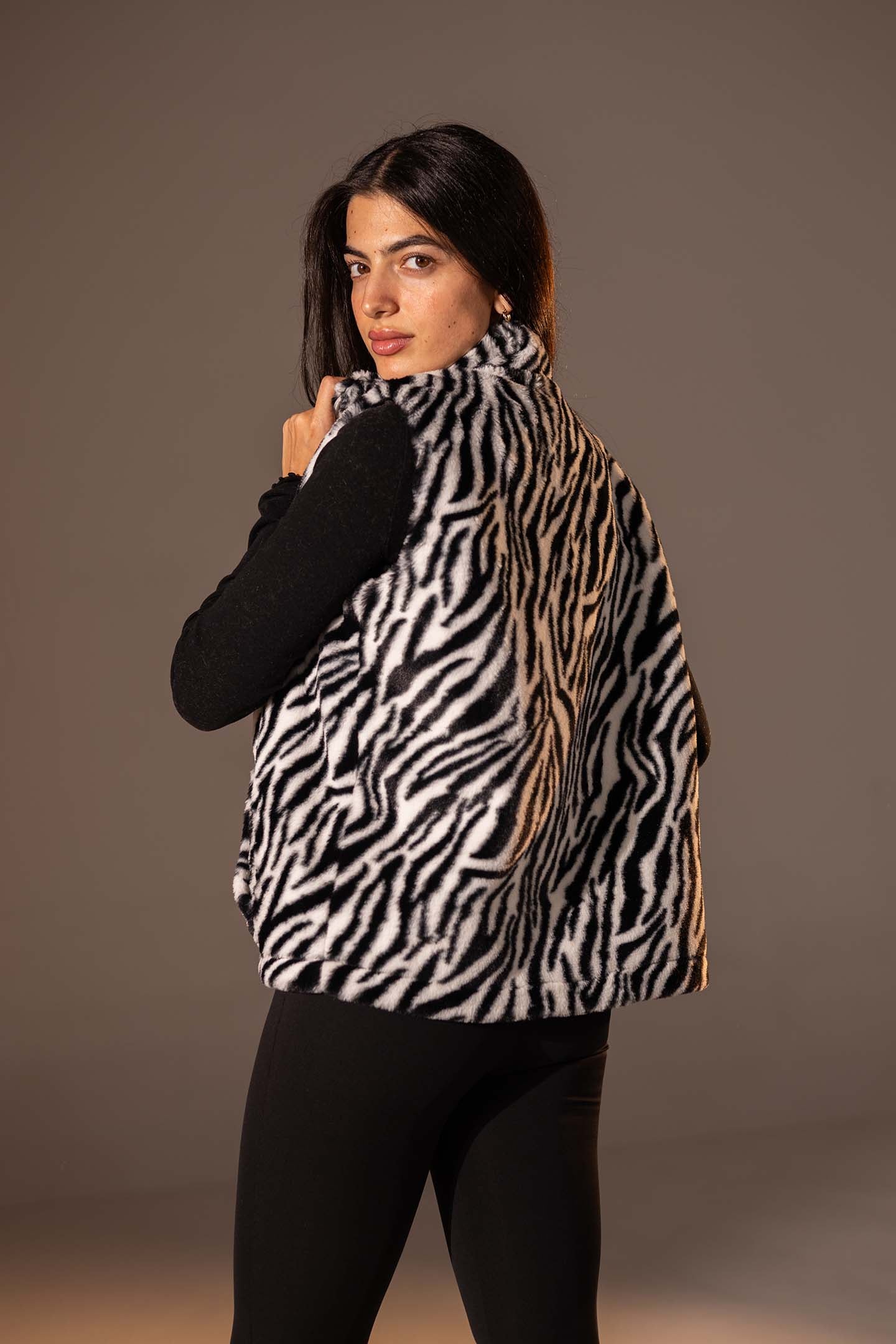 Black Zebra Faux Fur Vest